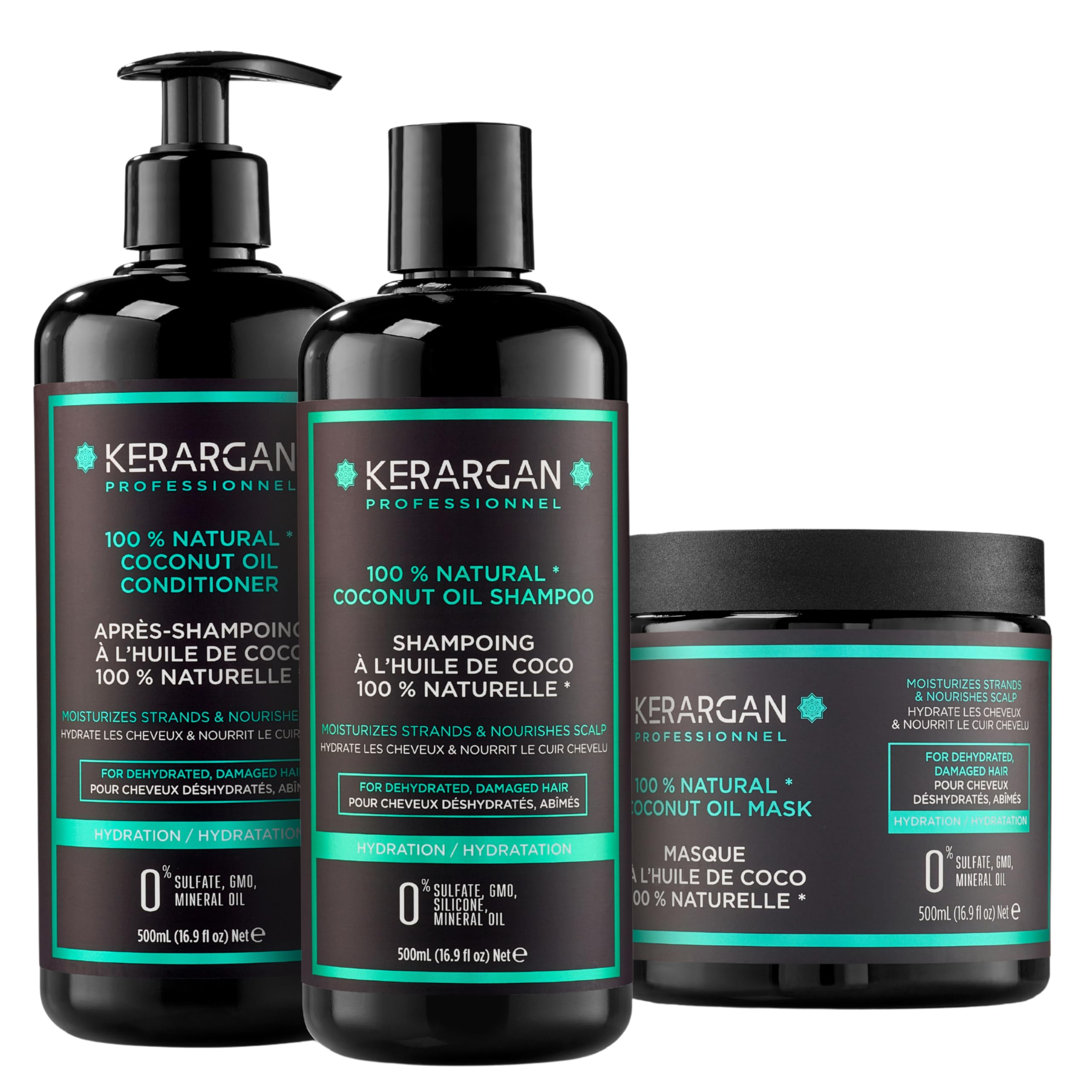 Kerargan - Trio Idratante Shampoo, Balsamo & Maschera all’Olio di Cocco - Idratazione Profonda per Capelli Danneggiati e Secchi - Senza Solfati, GMO, Silicone - 3x500 ml | Shampoo, balsamo e maschera al cocco, routine idratante completa per capelli secchi