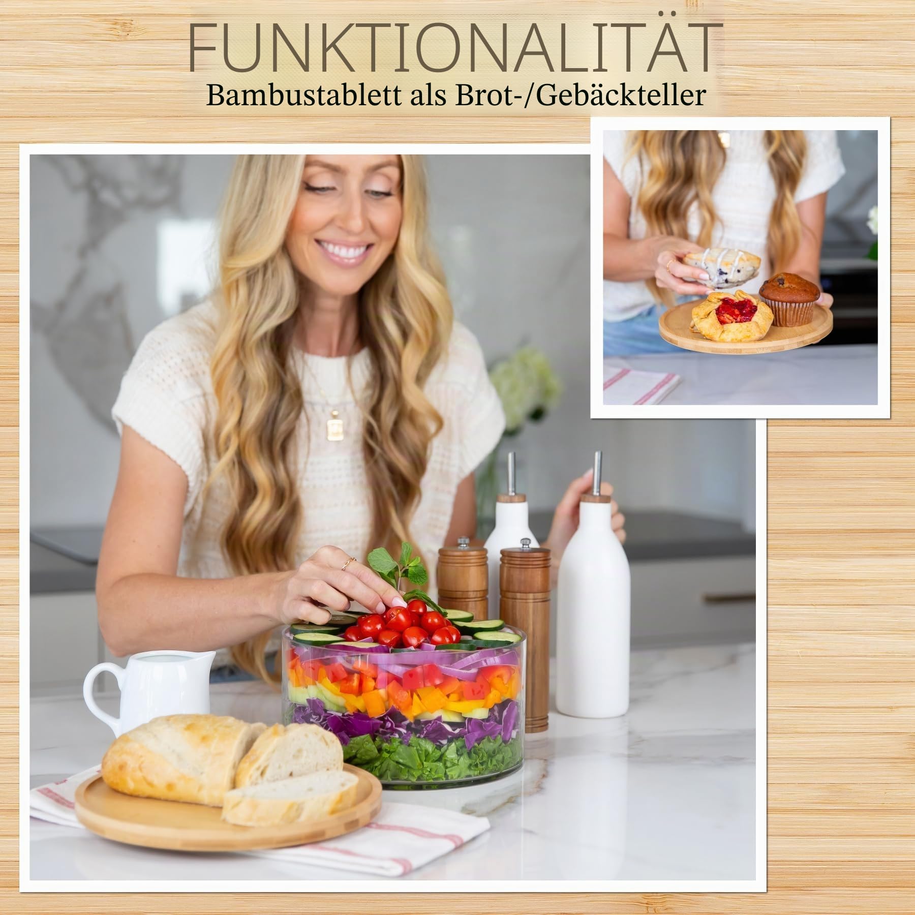 XXL Salatschüssel aus klarem Glas mit Doppelfunktions-Deckel aus Bambus – extra große Rührschüssel mit Deckel für Salate, Dessert, Obst, Punsch – Mittelstück große Servierschalen für Unterhaltung