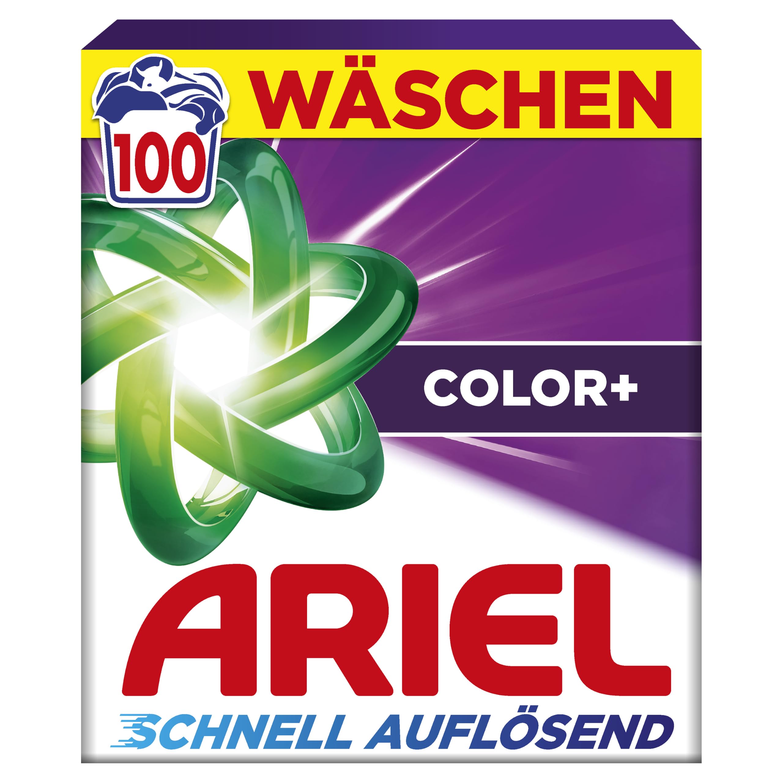 Ariel's schnell auflösendes Pulver Waschmittel Color+, 100, 100 Wäschen, Color+, Fleck-Weg-Power beim 1. Waschen, Sofortige Wirkung, selbst in kaltem Wasser