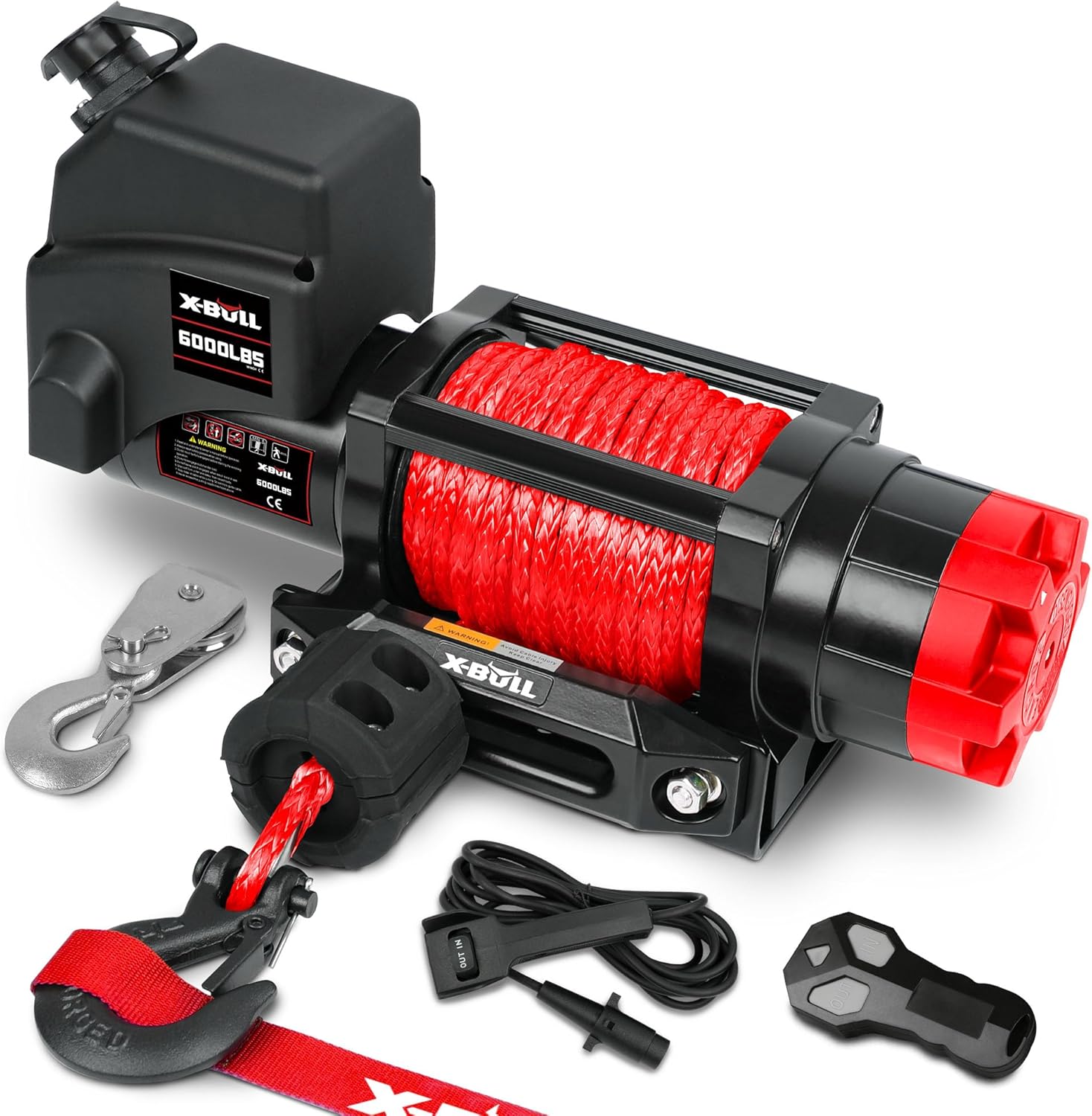 X-BULL Winch 12v 6000lbs Boat Trailer Winch with Remote Synthetic Rope 1/4 in x 55 ft Hook Wireless Remote Handlebar Switch, Automatic Braking, Waterproof, for ATV UTV Powersports Off Road