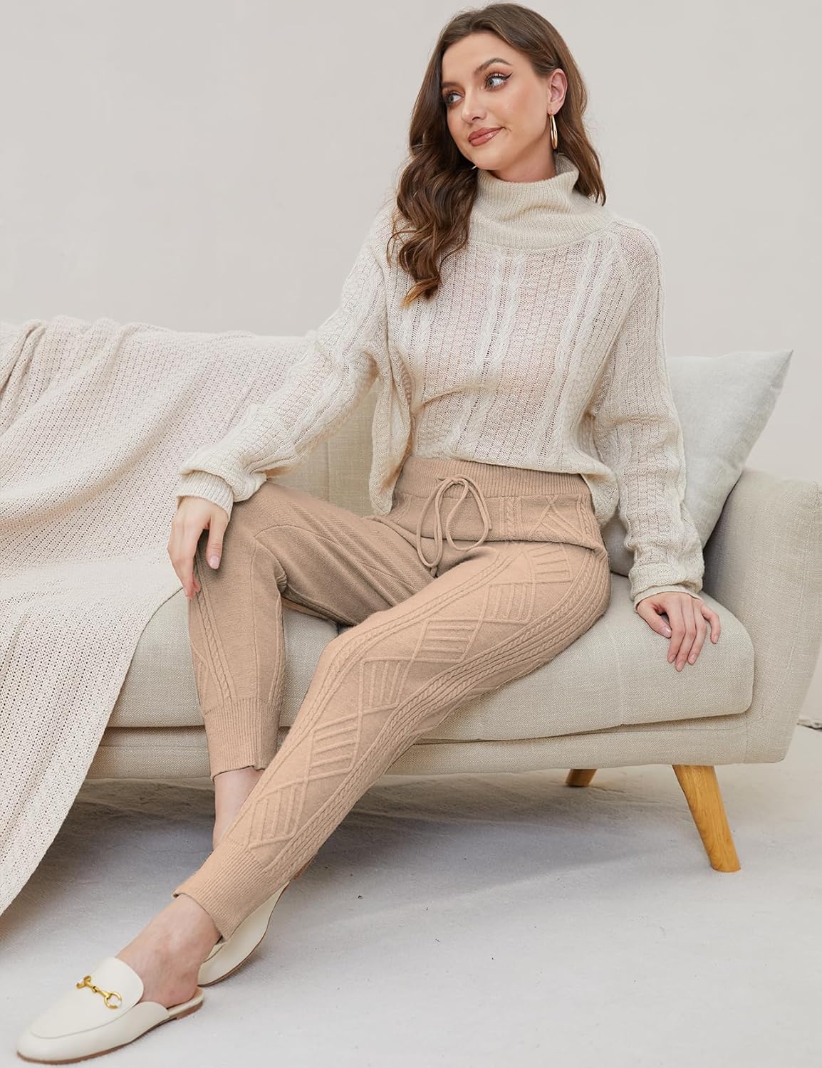 Gihuo Women's Cable Knit Sweater Pants - Long Harem Joggers with Drawstring Elastic Waist (Camel-S) - Image 6