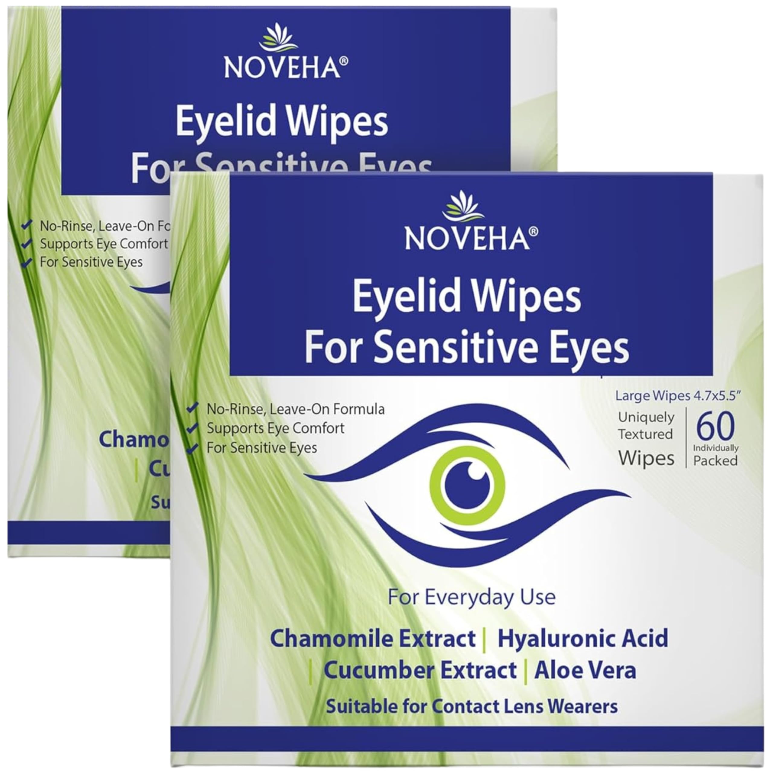NOVEHA Salviette per palpebre, per ciglia e palpebre delicate, con acido ialuronico, camomilla e aloe vera, tamponi pre-inumiditi confezionati singolarmente (120 salviette)