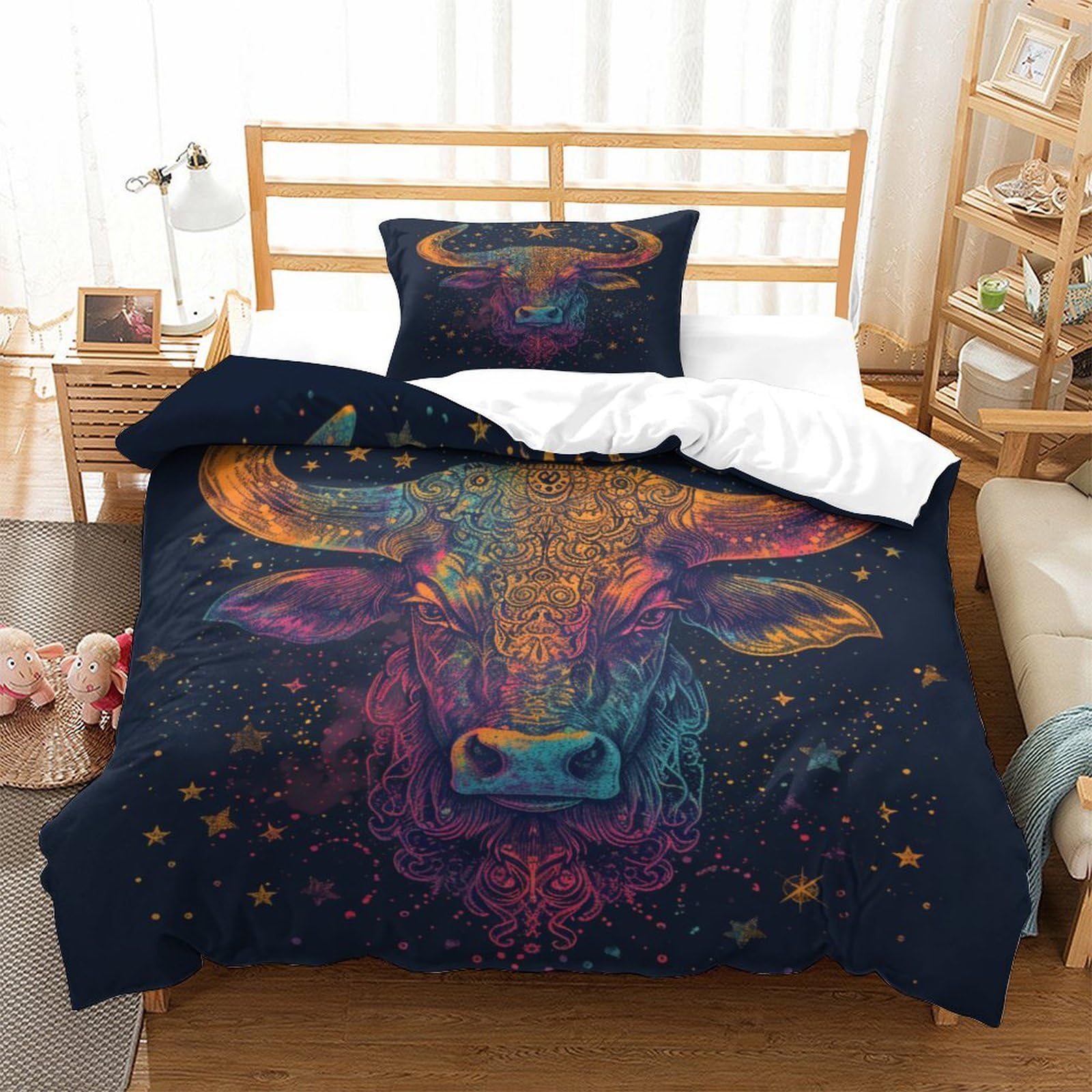 P1S9U7W5Y Galaxy Bull 3D Printed Duvet Cover Set 3 Pieces Microfiber for Adults Bedroom Decor Abstract Bedding Set Soft Breathable for Dorm Gift Single（135x200cm）