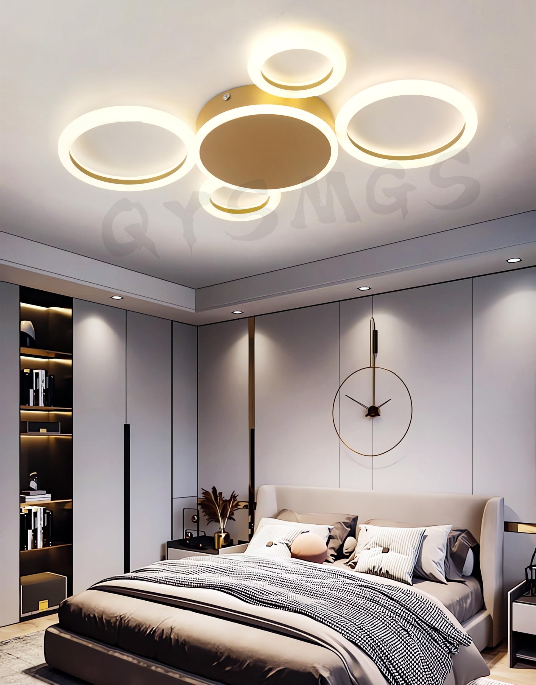 Moderne LED-Deckenleuchte, Dimmbare mit Fernbedienung Deckenlampe, Rundes Ring Design aus Acryl Bündige Montage Deckenbeleuchtung, für Wohnzimmer Schlafzimmer Esszimmer Küche (Gold,5Ringe)