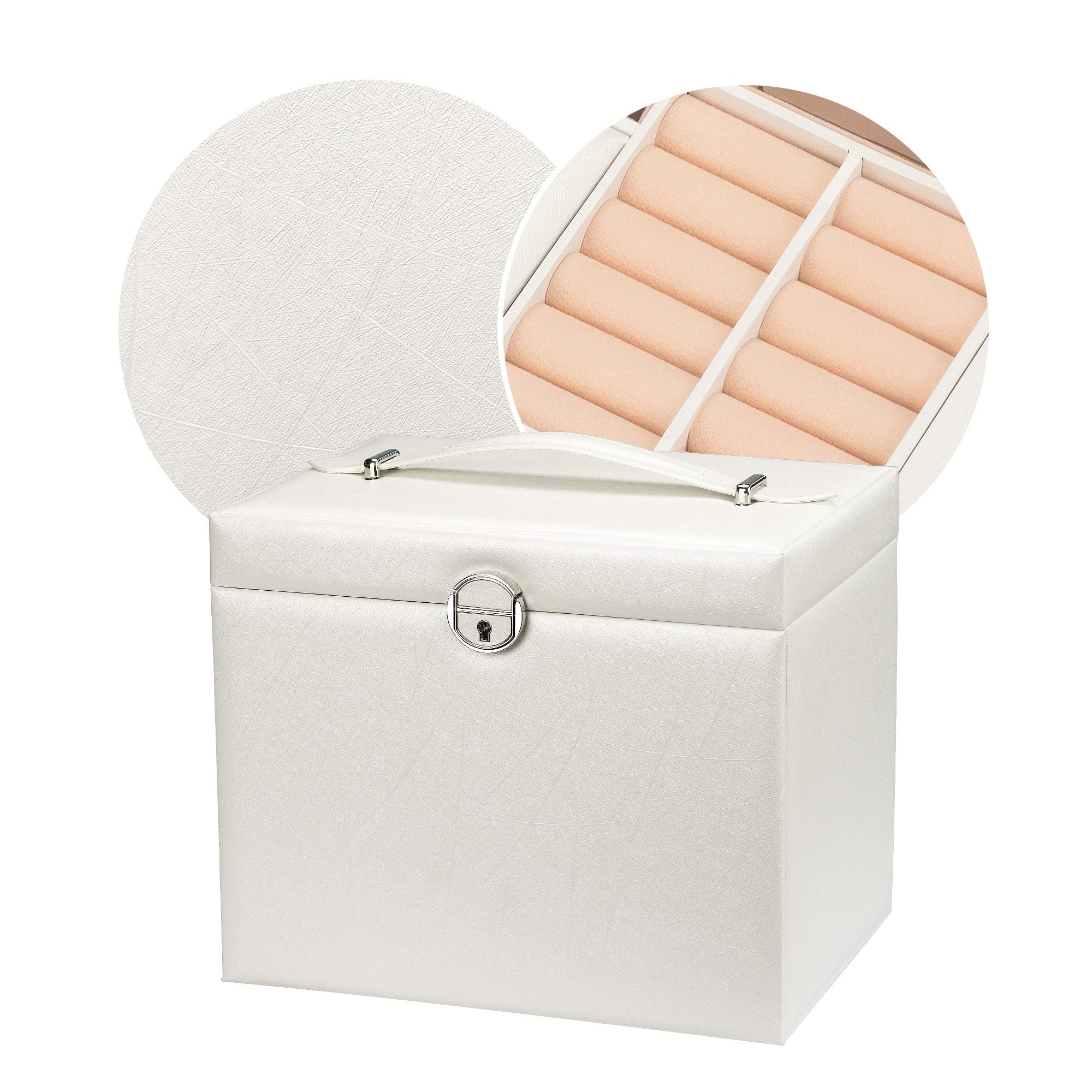 AdelDream Portagioie Grande Chiudibile a Chiave 5 Livelli con 5 Cassetti con Specchio per Anelli, Orecchini, Collane e Bracciali, Elegante e Classico, Bianco, 26x19x21,8 cm
