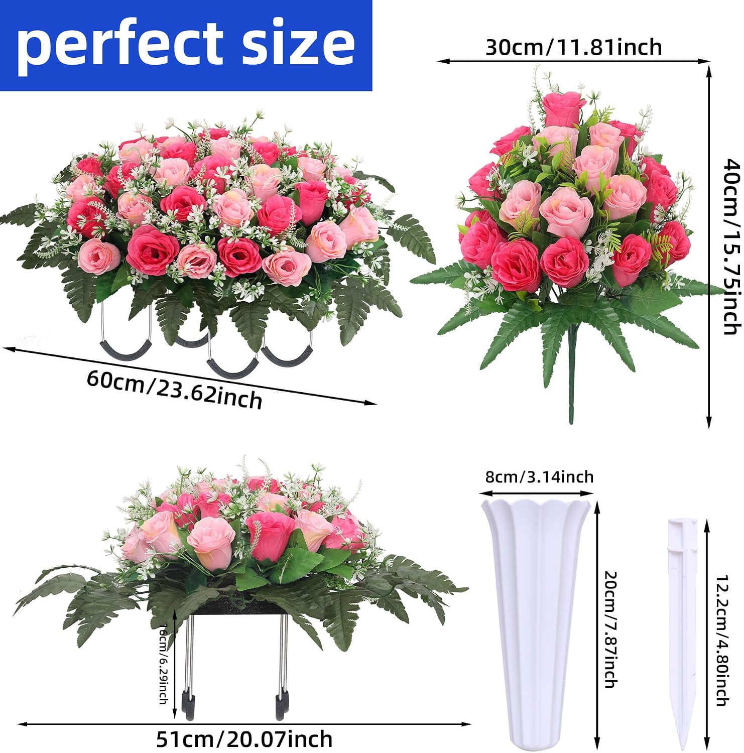 Lodou 3 Sets Cemetery Flowers for Grave,Headstone Flower Saddle,Grave Memorial Flowers with Vase for Cemetery Headstones Decoration﻿(Pink)