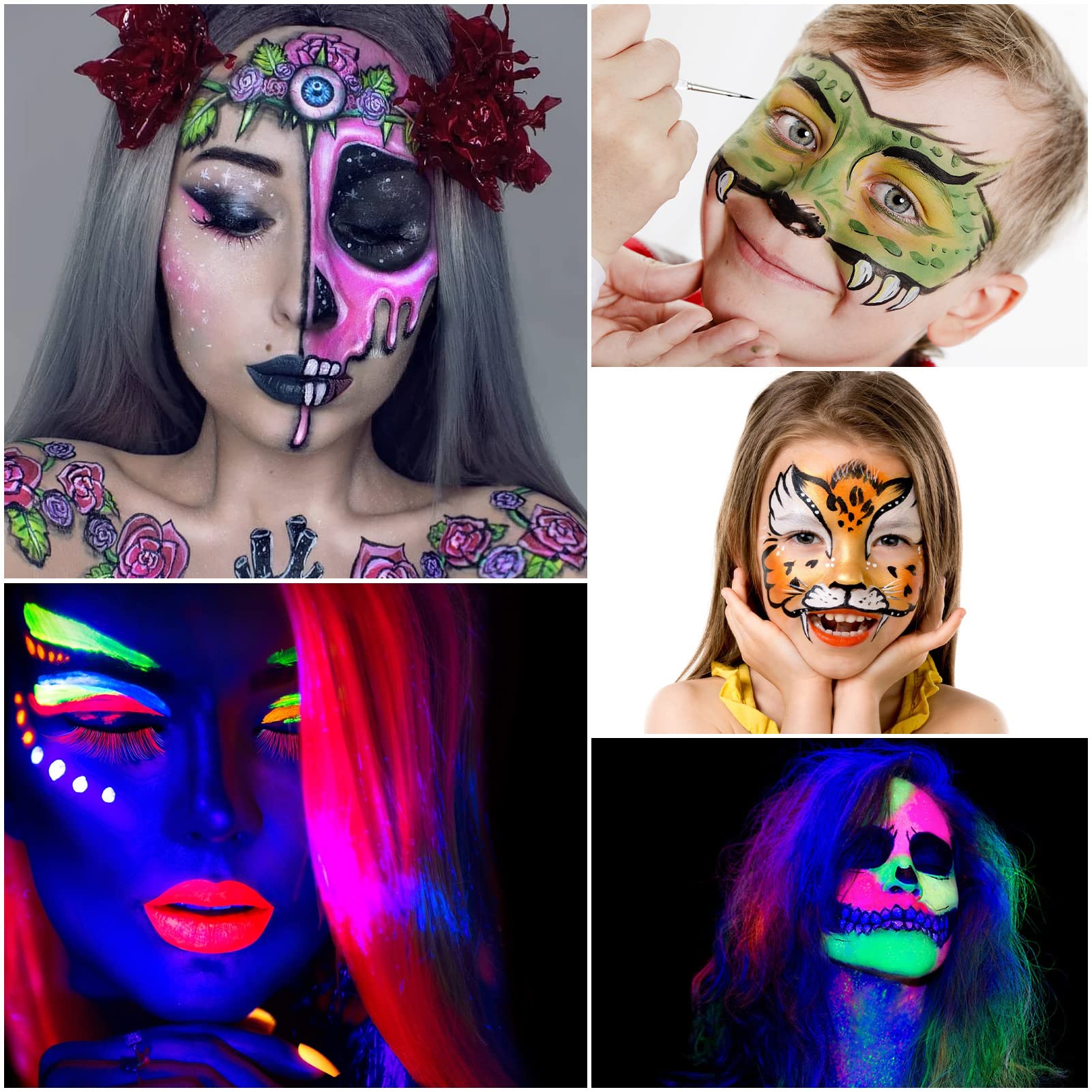 Amazon.com: UIIOPJIOM UV Blacklight Face Painting Kit for Kids - 12 Colors Neon  Glow in the Dark Body Paint with 6 Brushes 4PCS Stencils - Halloween  Cosplay Face Paint Makeup Palette for