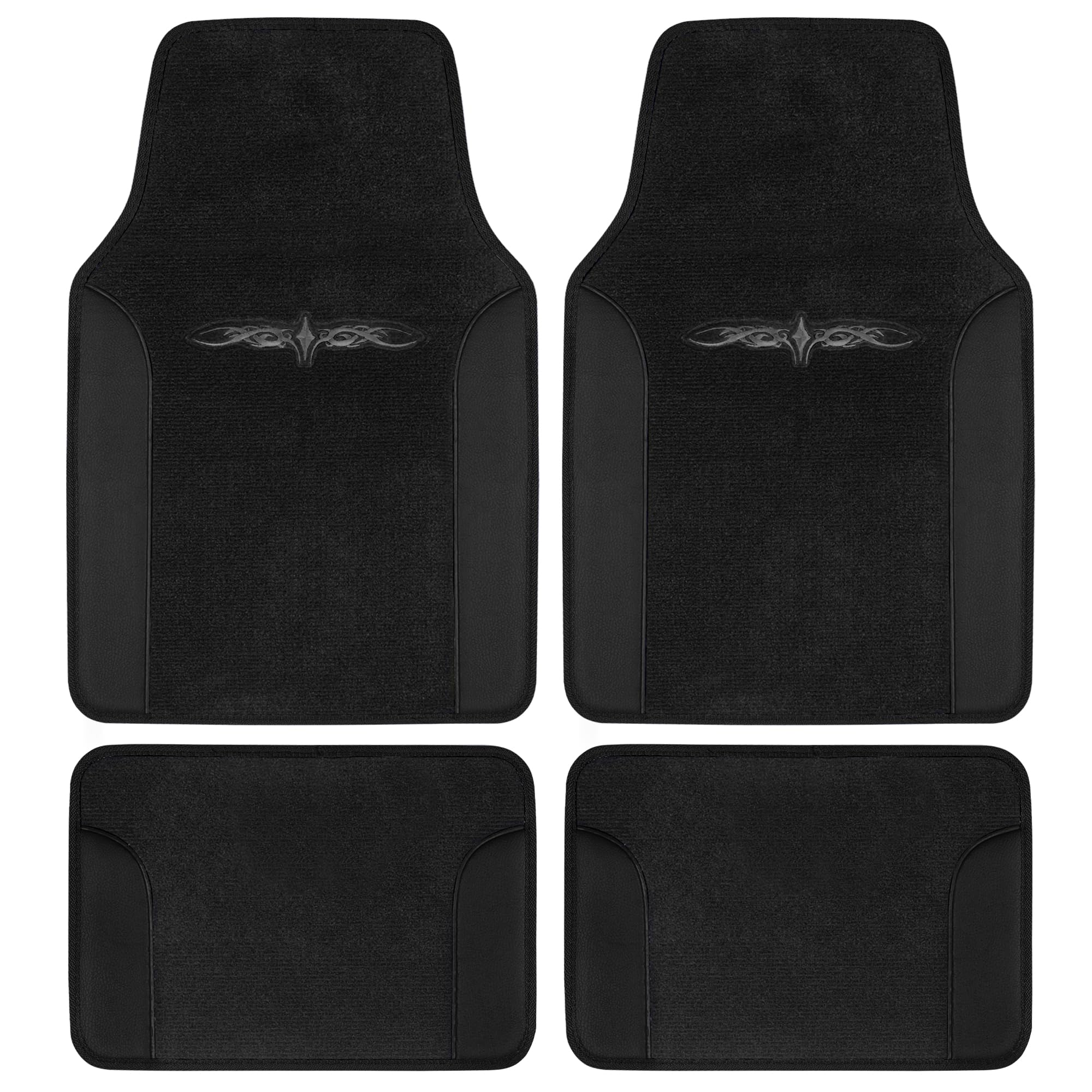 BDK carXS - Juego de 4 alfombrillas de alfombra bicolor con diseño de tatuaje tribal y ribete de vinilo para coche, sedán, camioneta, SUV, delanteras y traseras, color negro