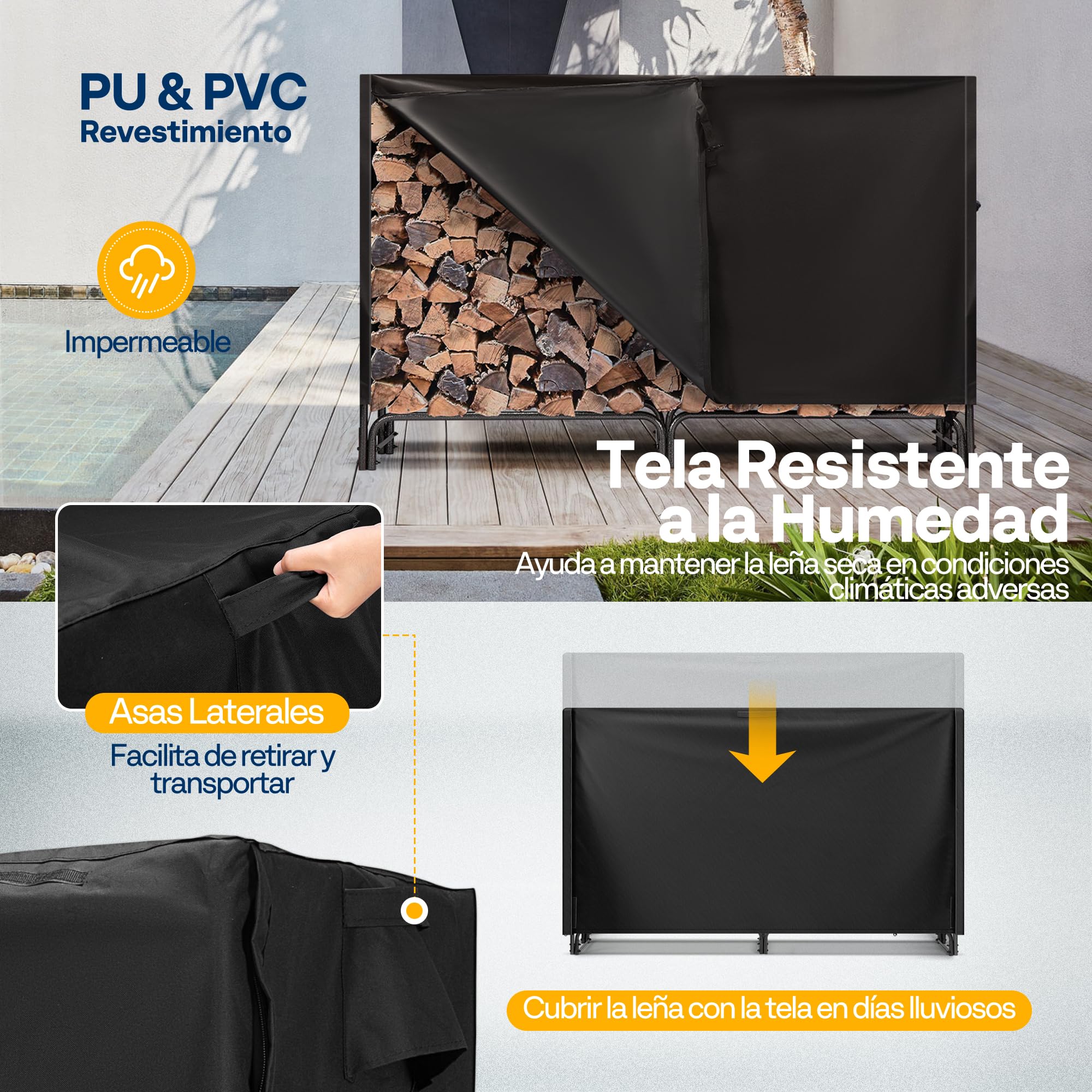 VIVOHOME Estante Metálico para Leña con Cubierta Impermeable, 153×35×123cm Soporte de Leña para Chimenea Organizador Jardín, Almacenamiento Interior y Exterior