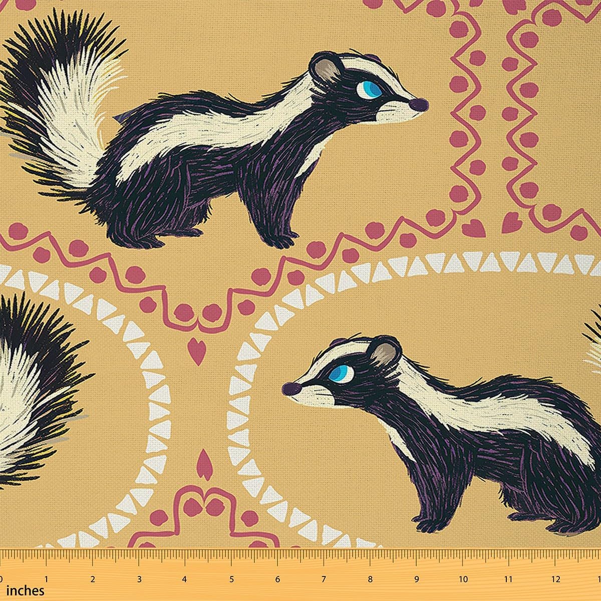 Cartoon Skunk Fabric by The Yard Cute Wild Animals Rustic Style Fabric for Sewing Supplies Watercolor Retro Yellow Patchwork Grid Soft Flannel Polyester No Stretch 2 Yards,72" Lx59 W