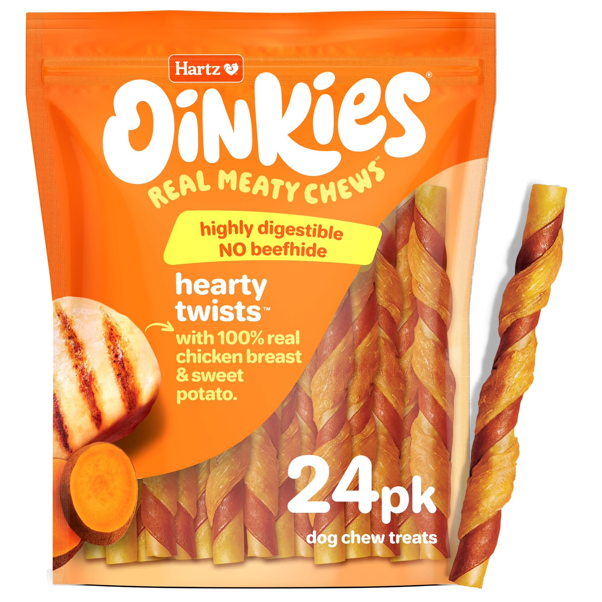 - Oinkies Hearty Twists with Real Chicken & Sweet Potato Rawhide-Free Dog Treats, Highly Digestible Dog Chews, 24 Count