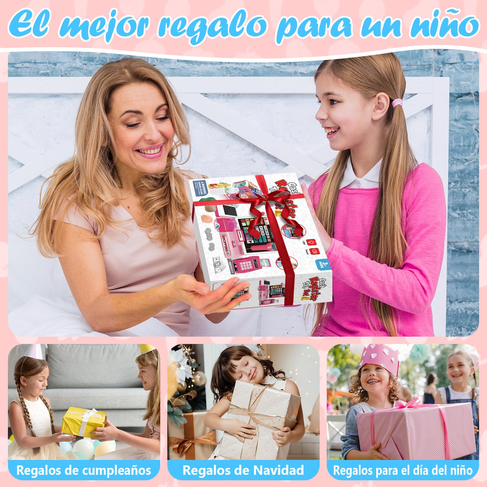 IEEILULU Caja Registradora Juguetes para Niños, Máquina Registradora Kit - con 52 PCS Accesorios(Escáner/Tarjeta de Crédito/ Dinero de Juguete), Caja Supermercado Juguete para NiñAs Niños 3+ Años
