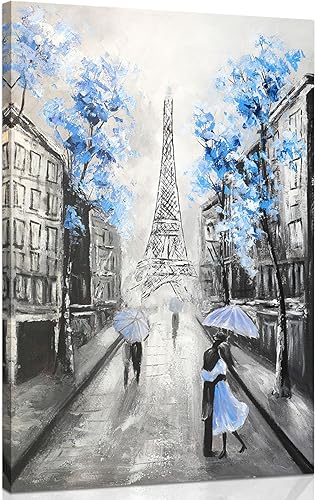Miniatura 2 de YPY Arte de Pared en Lienzo Floral Azul de París Imagen de Flor Azul Torre Eiffel Gris para Decoración de Baño, Pintura Texturizada de Paisaje