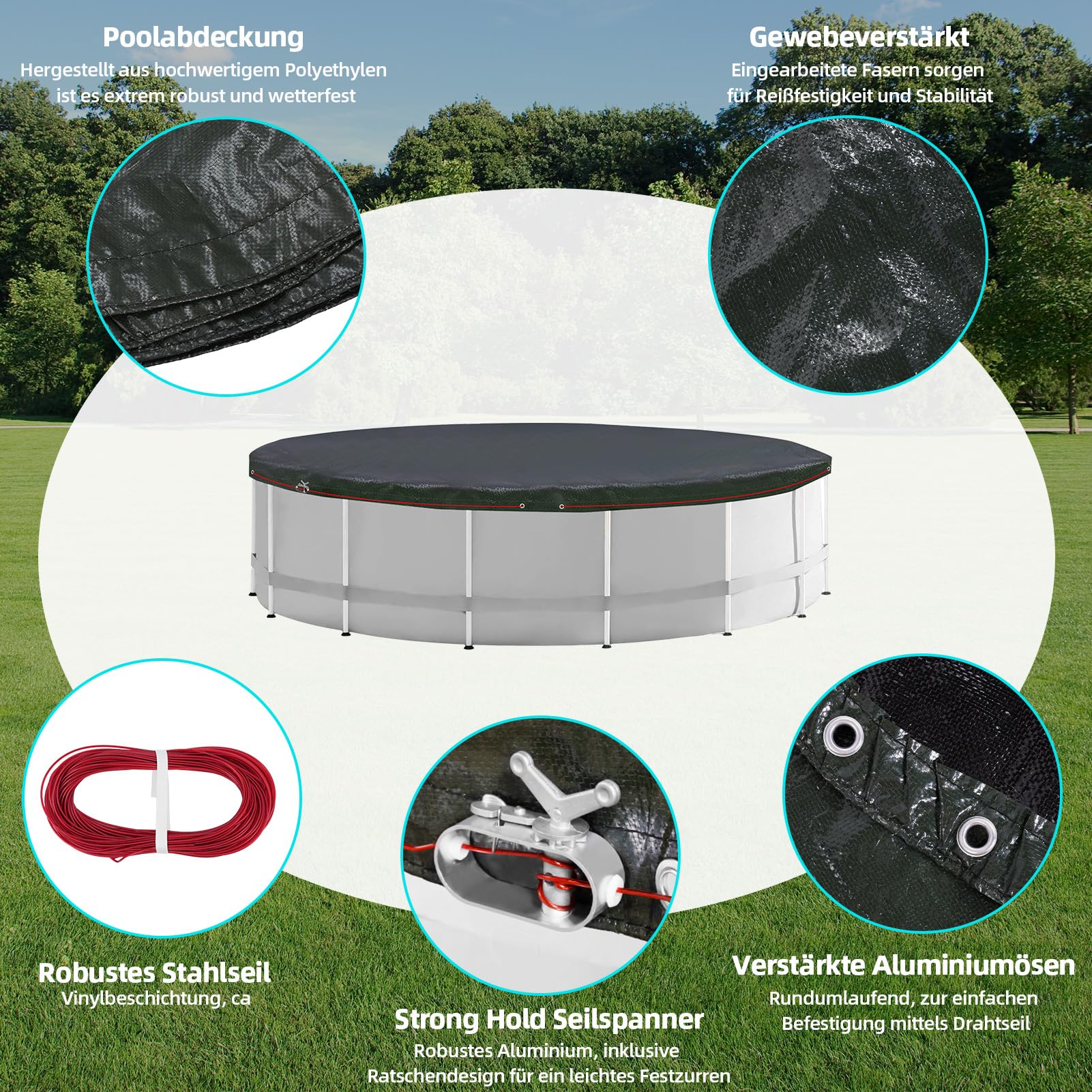 Poolabdeckung Rund für 400-440 cm Pools, Planenmaß Ø 460 cm, Schwarz, Sommer & Winter Poolplane, 100g/m² PE Zweifach Beschichtete Abdeckung mit Kordelzug, Abdeckplane Pool mit UV-Schutz