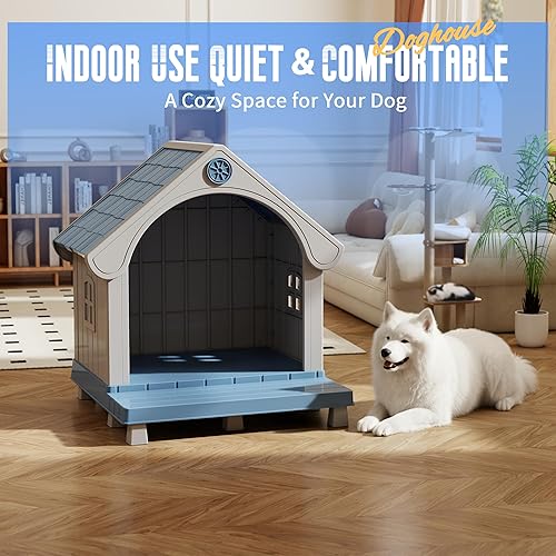 Miniatura 5 de DRATO Caseta para perros de resina con bonito diseño elegante y suelo elevado extendido, casas para perros grandes fuera de la intemperie para uso