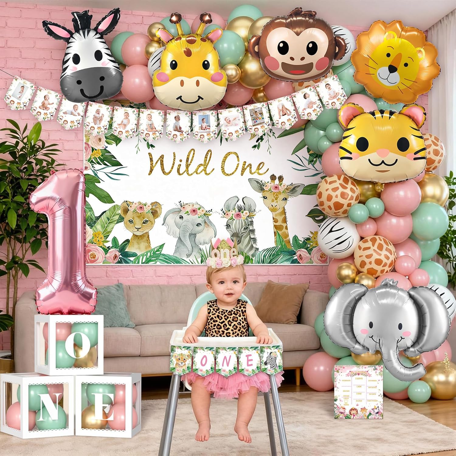 SNLN Wild One Birthday Decorations Jungle Theme 1st First Birthday Decorations Girl Jungle Safari Animal Foil Balloons Backdrop Crown Banner Number 1 Balloon Pink Sage Green Balloon Arch Poster Leaves