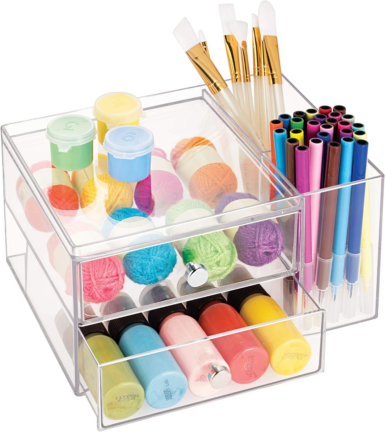 iDesign Plastic Vanity, Compact Storage Set Compartments for Cosmetics, Dental Supplies, Hair Care, Bathroom, Dorm, Desk, Countertop, Office, 6.5" x 6.5" x 6.5", 2 Drawer-Side Organizer