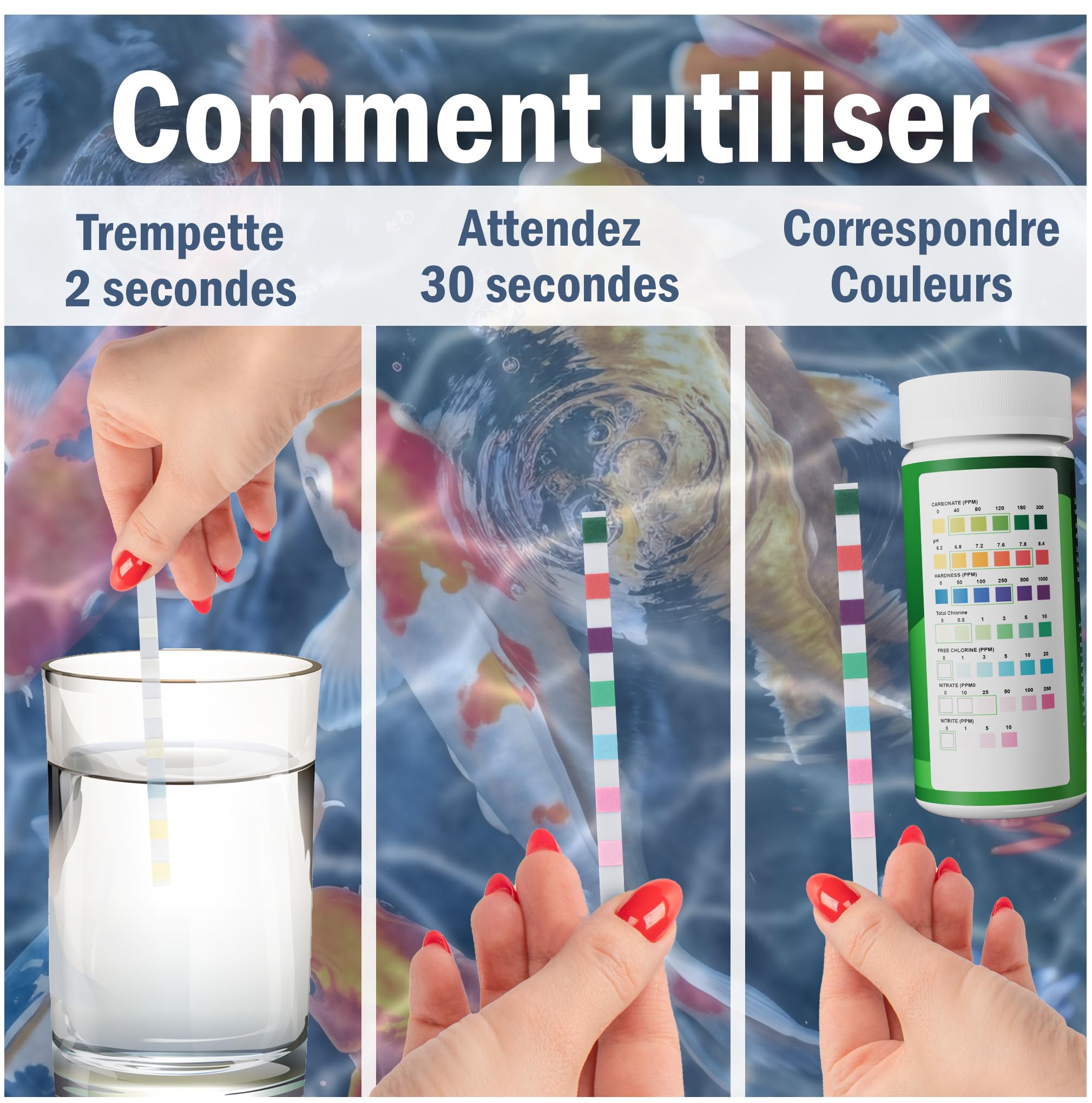 Bandelettes de test 7 en 1 pour bassin – Kit de test précis pour le pH, les nitrates, les nitrites, les carbonates, la dureté, le chlore total et libre – Pour bassins – 50 bandelettes