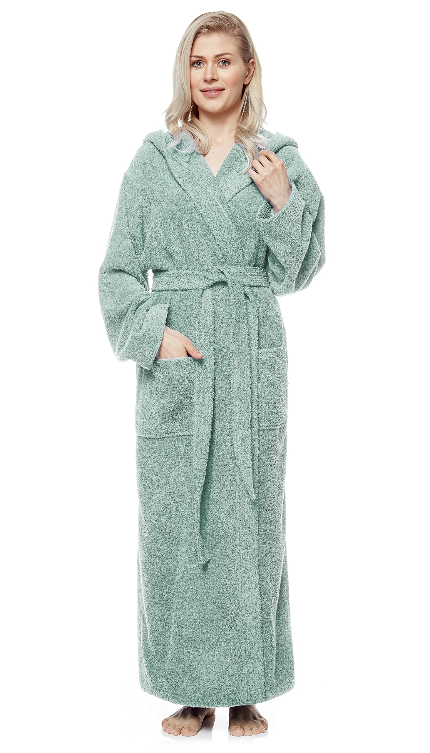 Arus Women's Sea Foam Bathrobe With Hood, Full Length, 100% Cotton Terry, Seafoam, S-M Long