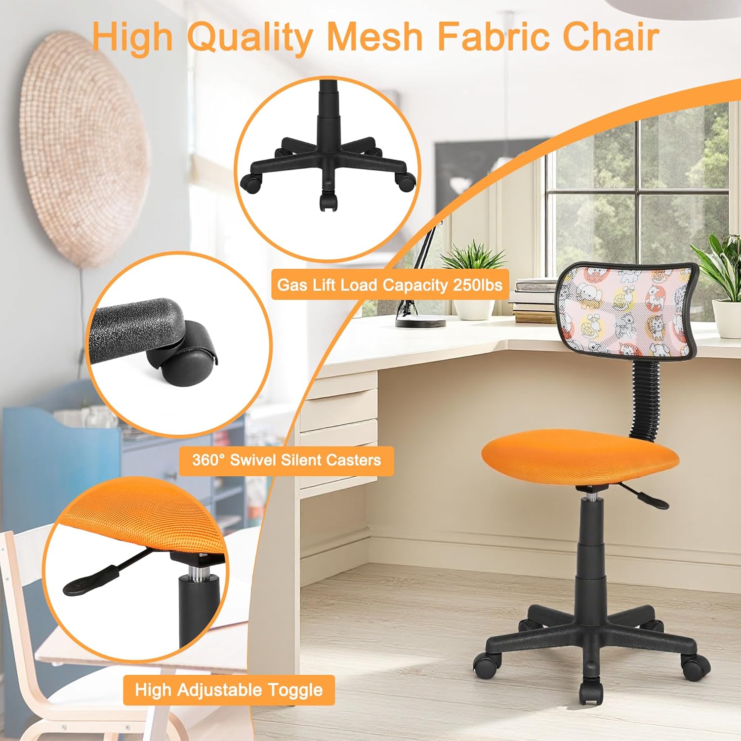 JJS Home Small Rotating Office Desk and Chair Set, Breathable Mesh Low Back Adjustable Ergonomic Seat, Space-Saving Study Work Stool, Animal