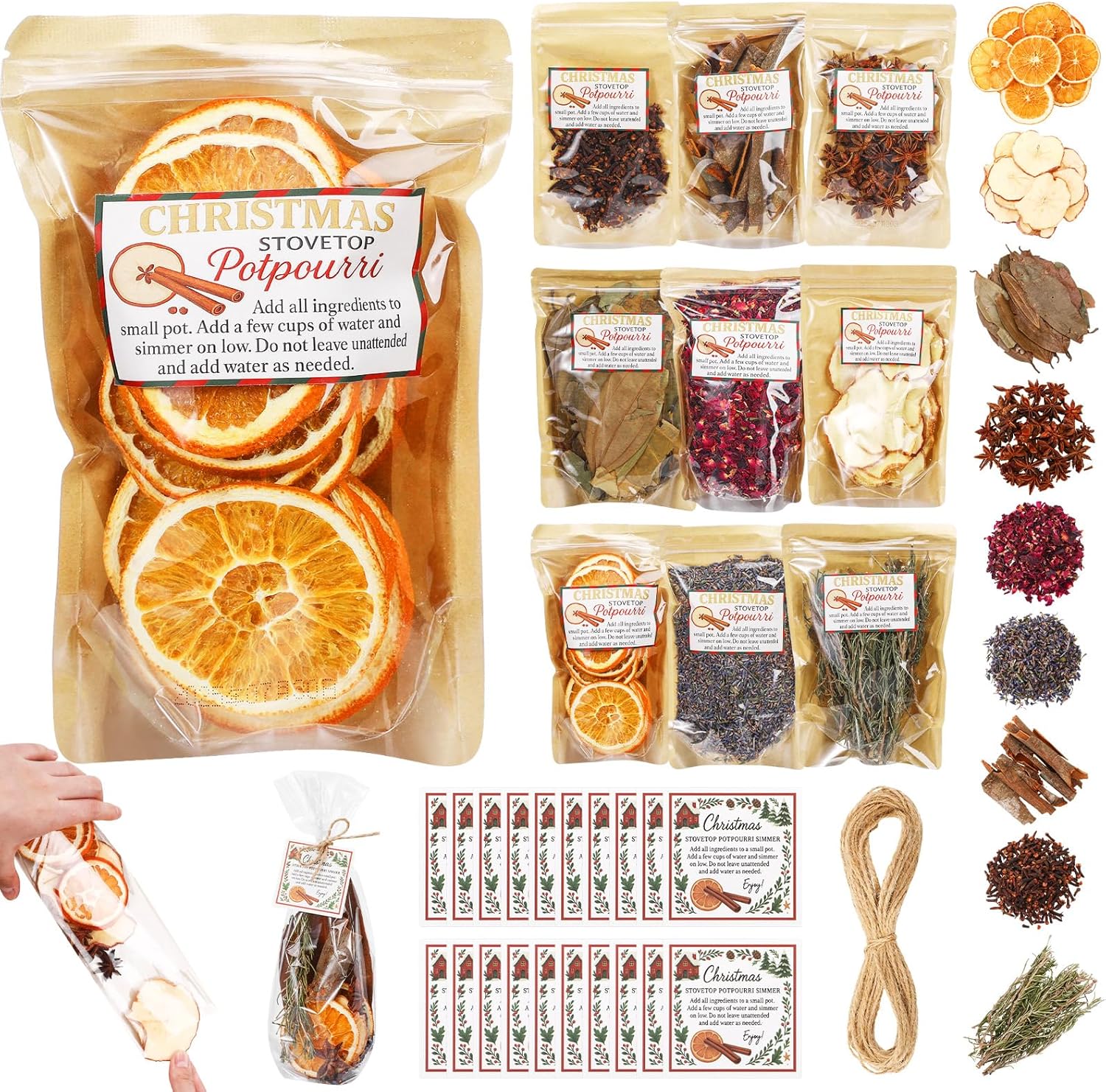 Loopeer 9 Pack Potpourri Simmer Kit 645g DIY Christmas Stovetop Potpourri with Card Transparent Bag Tag Xmas Scent Winter Stovetop Simmering Ingredients for Home Fragrance Housewarming Hostess Gift