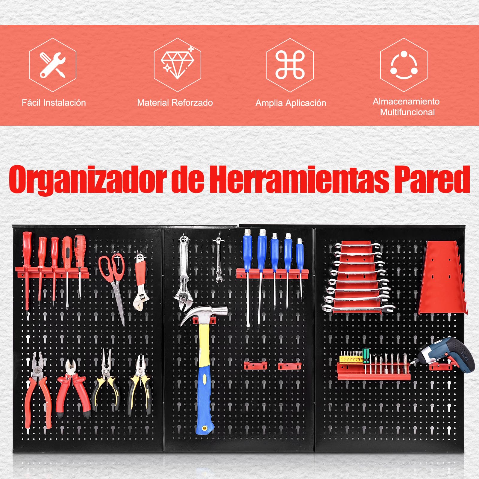 SOARS Pegboard Metal 120 x 60cm, Organizador de Herramienta de Pared, con 20 Accesorios para Taller y Garaje