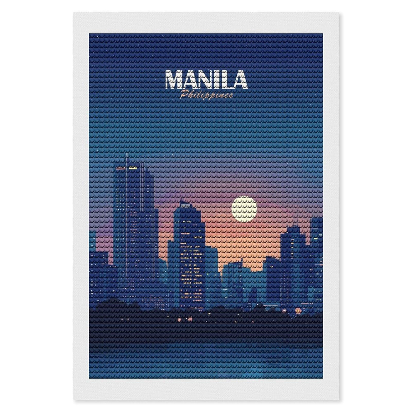 Junmoney Manila Philippines Cityscape at Night Full Drill Diamond Painting Kit 8"x12", Adhesive Canvas, Aesthetic Room Decor, for Family Craft Time, Birthday Gift