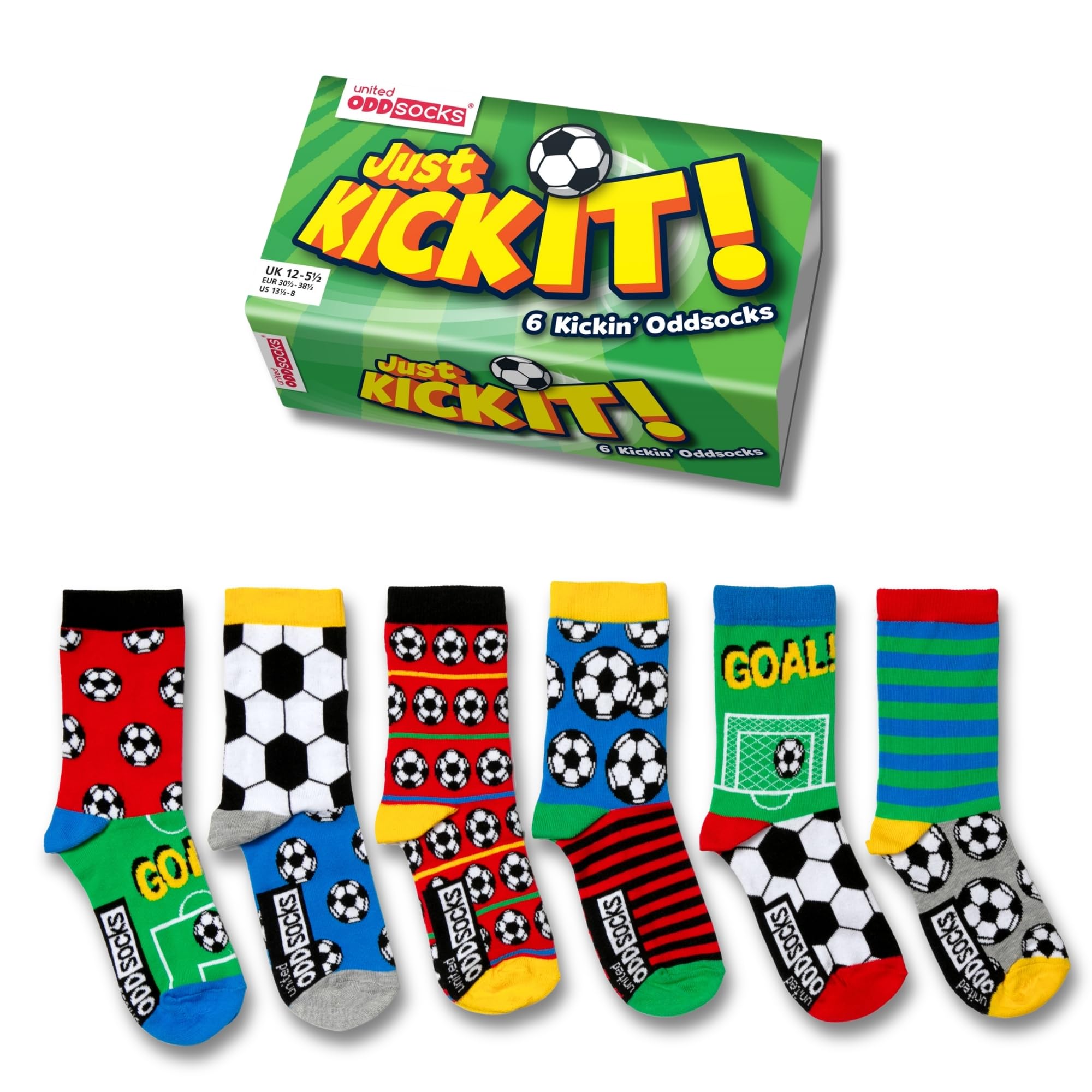 United Oddsocks - Box 6 Oddsocks For Boys Kick It, Multicoloured, UK 12-6, EUR 30.5-39, US 13.5-7