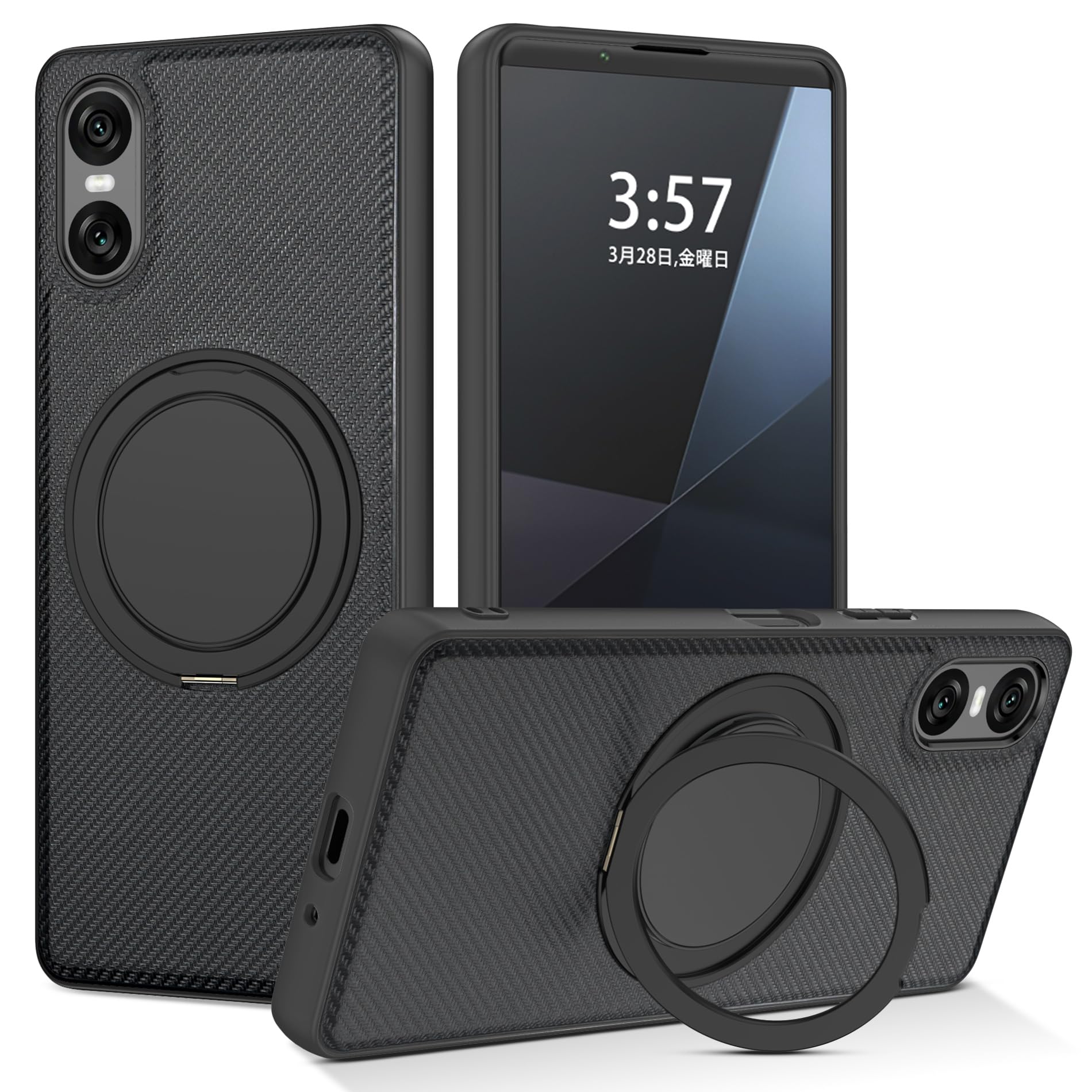 BENTOBEN Xperia 10 VI ケース SO-52E / SOG14 MagSafe対応 360°回転スタンド 縦横両対応 カーボン風デザイン 耐衝撃 マグネット内蔵 車載スマホホルダー対応 ストラップホール付き エクスペリア10 vi ケース カバー ブラック
