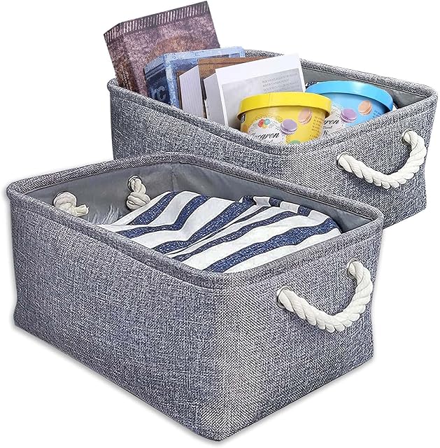 Storage Baskets for Shelves, Small Collapsible Storage Box, Foldable Linen Fabric Open Storage Basket Grey with Rope Handles, Organiser for Cupboard Wardrobe Closet Toys Makeup Sundries, 2 Pack