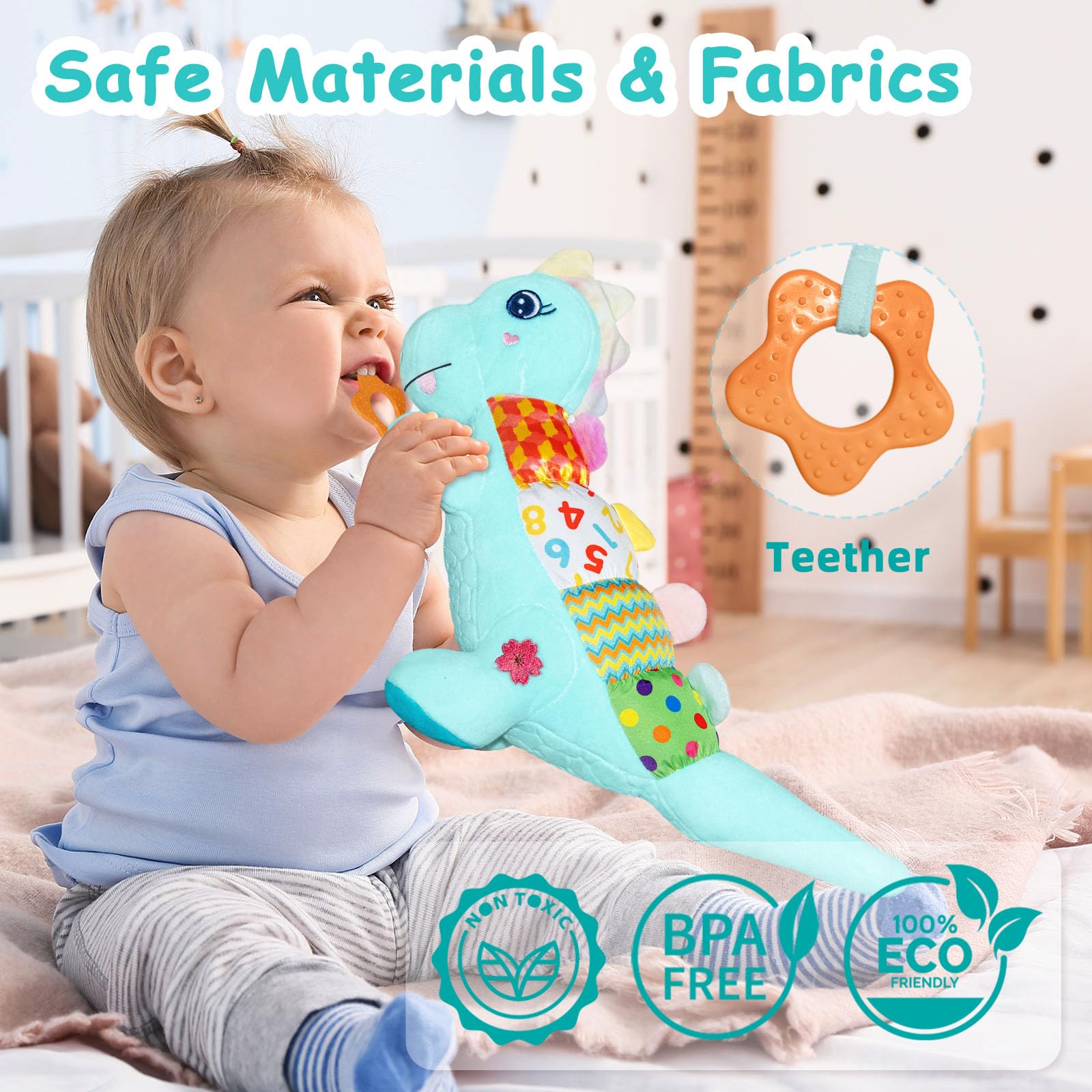 Baby Dino Plush Soft Stuffed Animal Toy for 0-3-6-12+ Months,Infant Musical Toy with Rattle,Squeaker,Sensory Crinkle,Teether & Textures,Tummy Time Toys Christmas Baby Gift for Newborn Girl Boy (Blue)