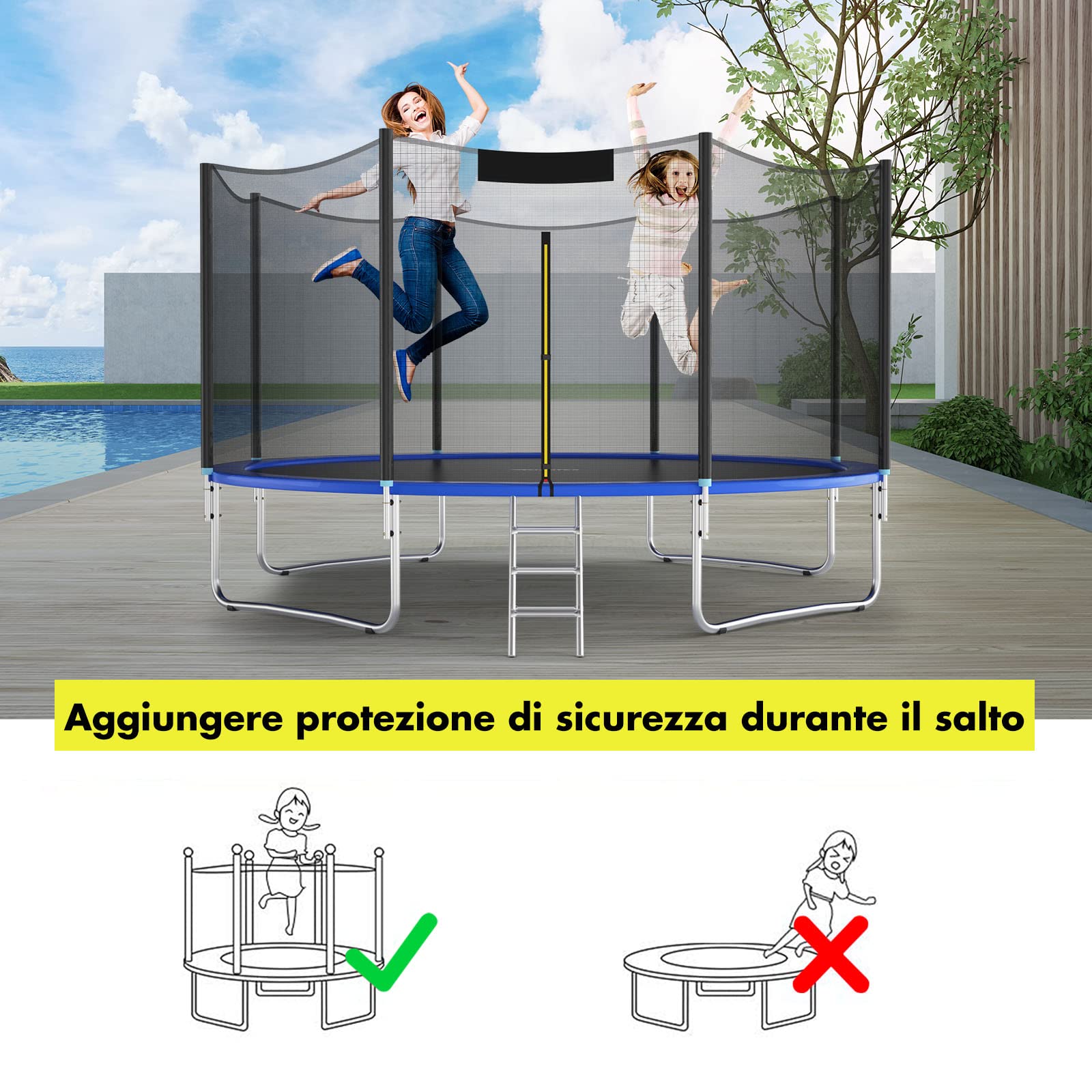 COSTWAY Rete per Trampolino Sostitutiva 244cm/305cm/366cm/427cm/457cm/488cm, Ideale per Struttura Rotonda con 6/8 Paletti con Doppie Cerniere, Fibbie di protezione e Ganci