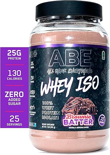 ABE Whey ISO - All Black Everything 100% aislado de proteína de suero con trozos de brownie de chocolate Post entrenamiento, 0.88 oz de proteína,