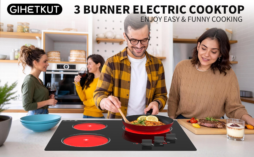 Image of GIHETKUT Electric Cooktop, 220V 5000W Stove Top, 9 Power Levels, Kids Lock & Timer, Hot Surface Indicator, Overheat Protection,knob and touch control 3 Burner Electric cooktop