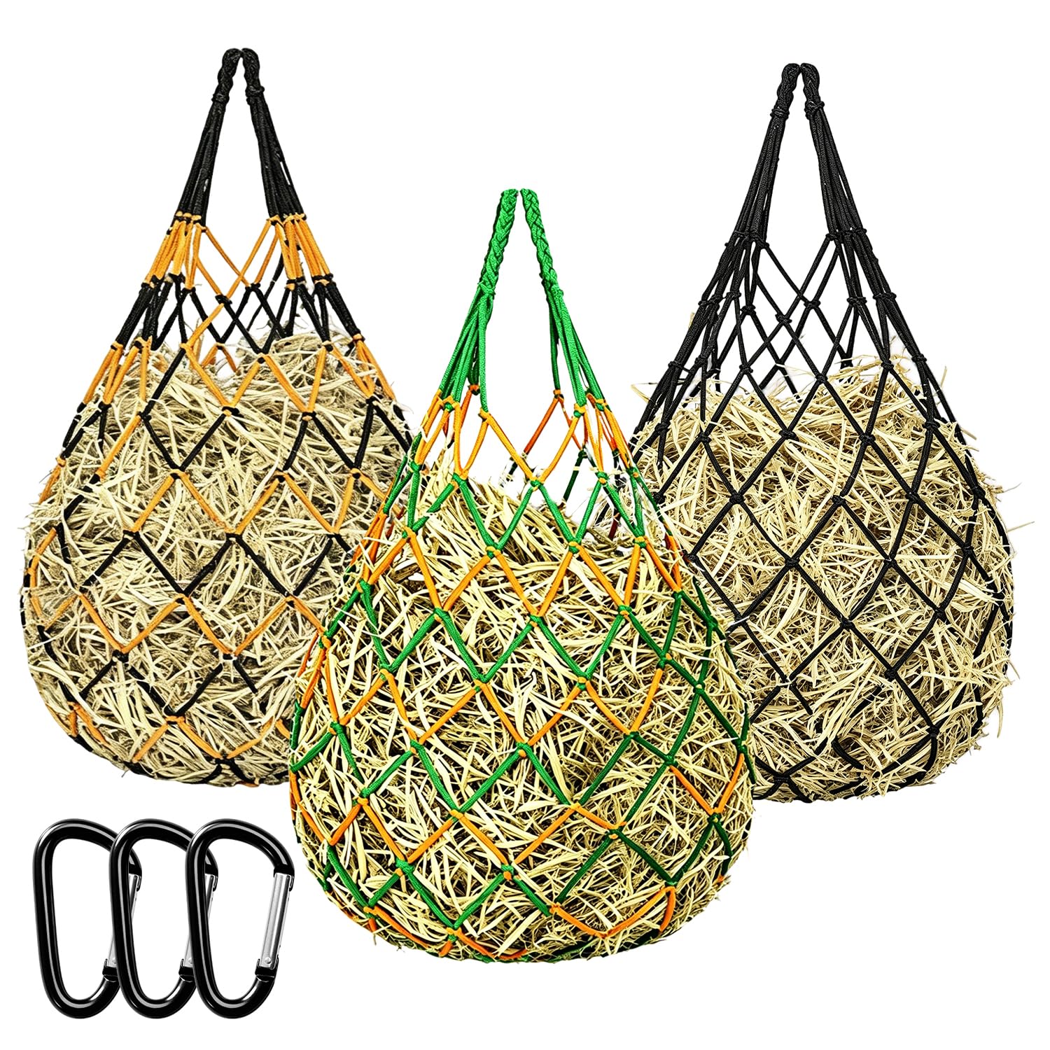 3 Pack 6 cm Netz Heu-Netz für Pferde Rinder und Schafe Langlebig Heusack für Pferde aus Polypropylen mit 3 Aluminium karabinern Heutasche zum Einsatz im Stall im Anhänger und auf der Weide