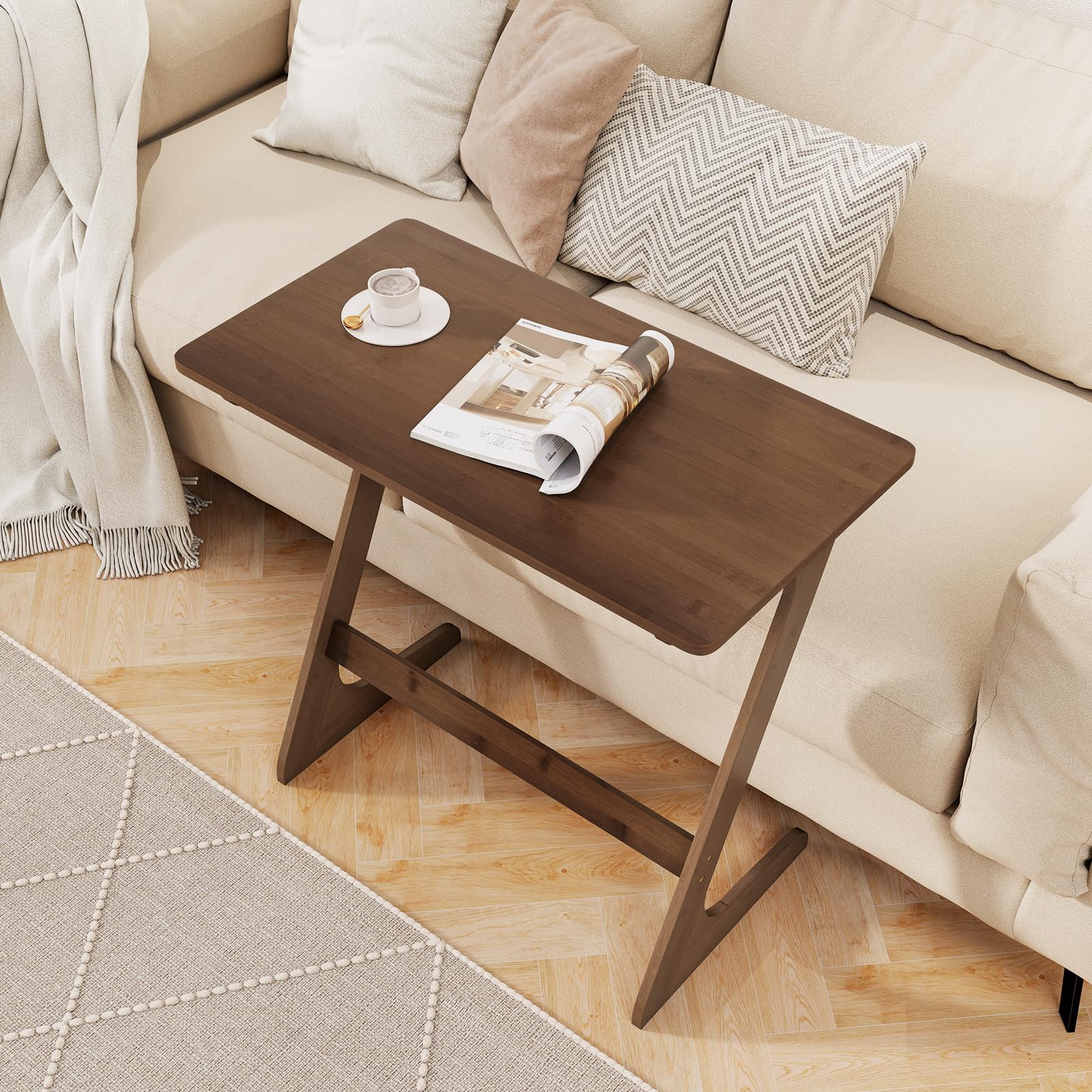 Giantex Bamboo TV Tray Table, Z Shaped Sofa Couch Side Table for Eating Snacks Coffee Laptop, Modern TV Dinner Tables for Small Spaces, Small End Table for Living Room Bedroom, Walnut