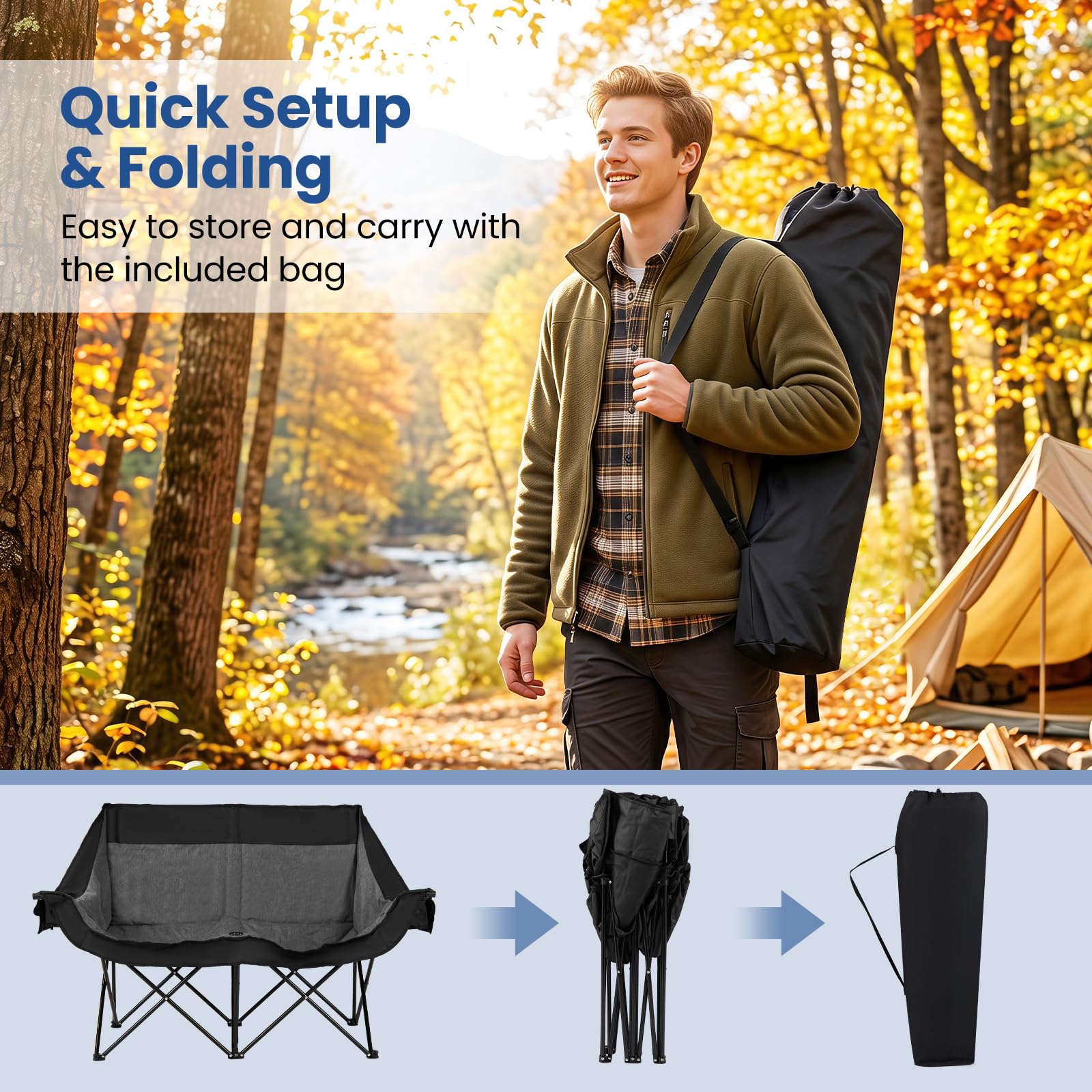 COSTWAY Campingstuhl Faltbar mit Heizung, Campingsofa für 2 Personen | Faltsofa mit 3 Heizstufen & 4 Heizzonen, Campingcouch Gepolstert 300KG Belastbar mit Seitentaschen, Glashaltern