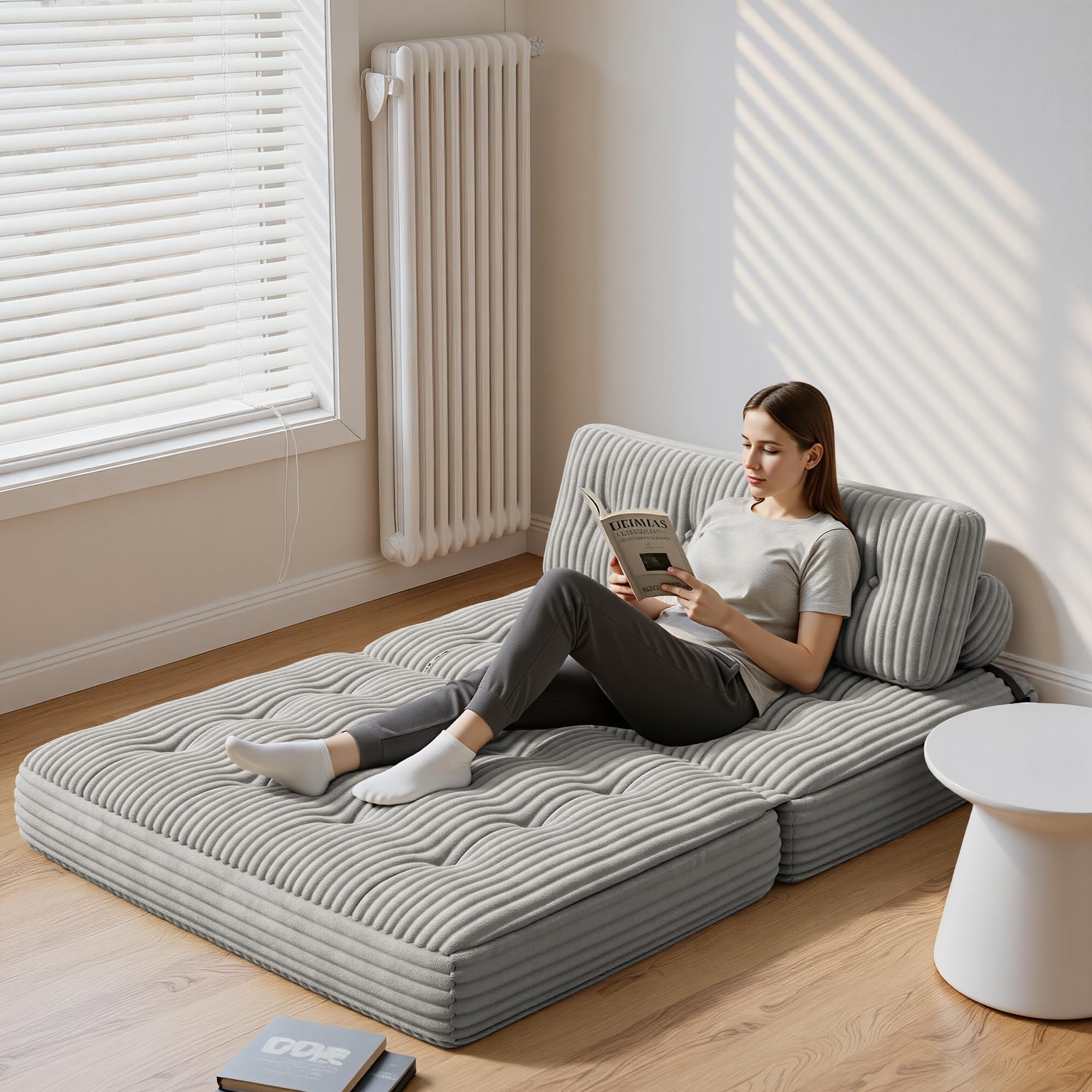 Xbro Canapé-lit Convertible 2 Places 180 x 130 x 20cm, Canapé de Sol Convertible, Matelas Pliant Sofa en Mousse à Mémoire de Forme, Pliable Chambre Salon, Gris Clair
