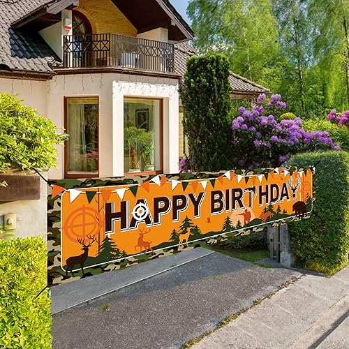 Cartel de cumpleaños de caza para hombres y niños, cartel de feliz cumpleaños, suministros de fiesta, decoración de fondo de camuflaje de caza de