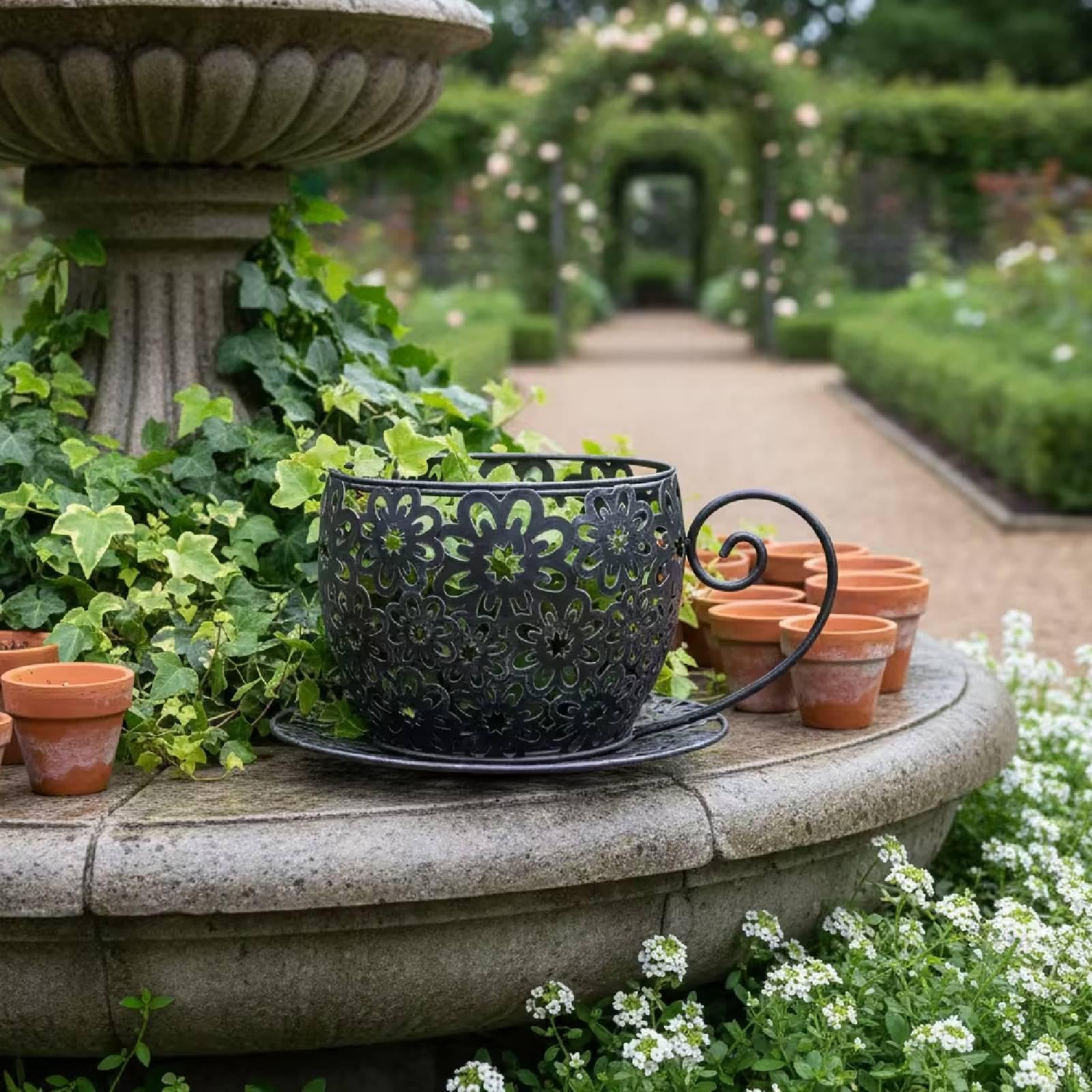 F Fityle Vaso da Fiori a Forma di Tazza da tè, Vaso Decorativo Antico in Metallo Cavo per Piante, Ideale per L'Estate, Balcone, Stile Rustico, Patio e, Nero