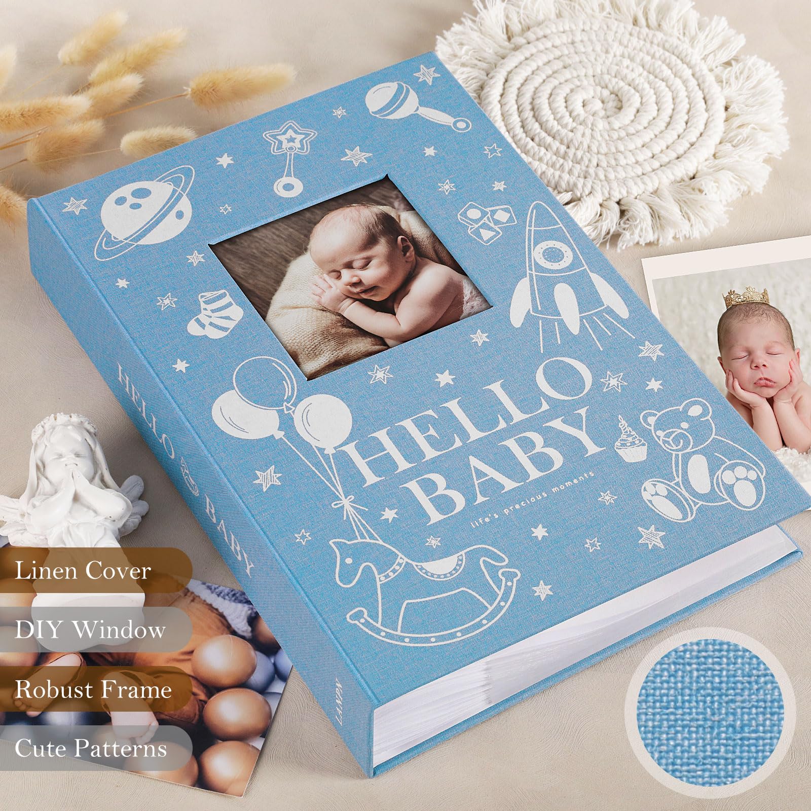 Lanpn Baby Photo Album 4x6 300 Pockets, Linen Newborn Bebe Ultrasound Photo Album with Memo Writing Area, Cover Photo Book, Picture Album for kids, Baby Boy Memory Book Keepsake for Baby Shower Blue - 4