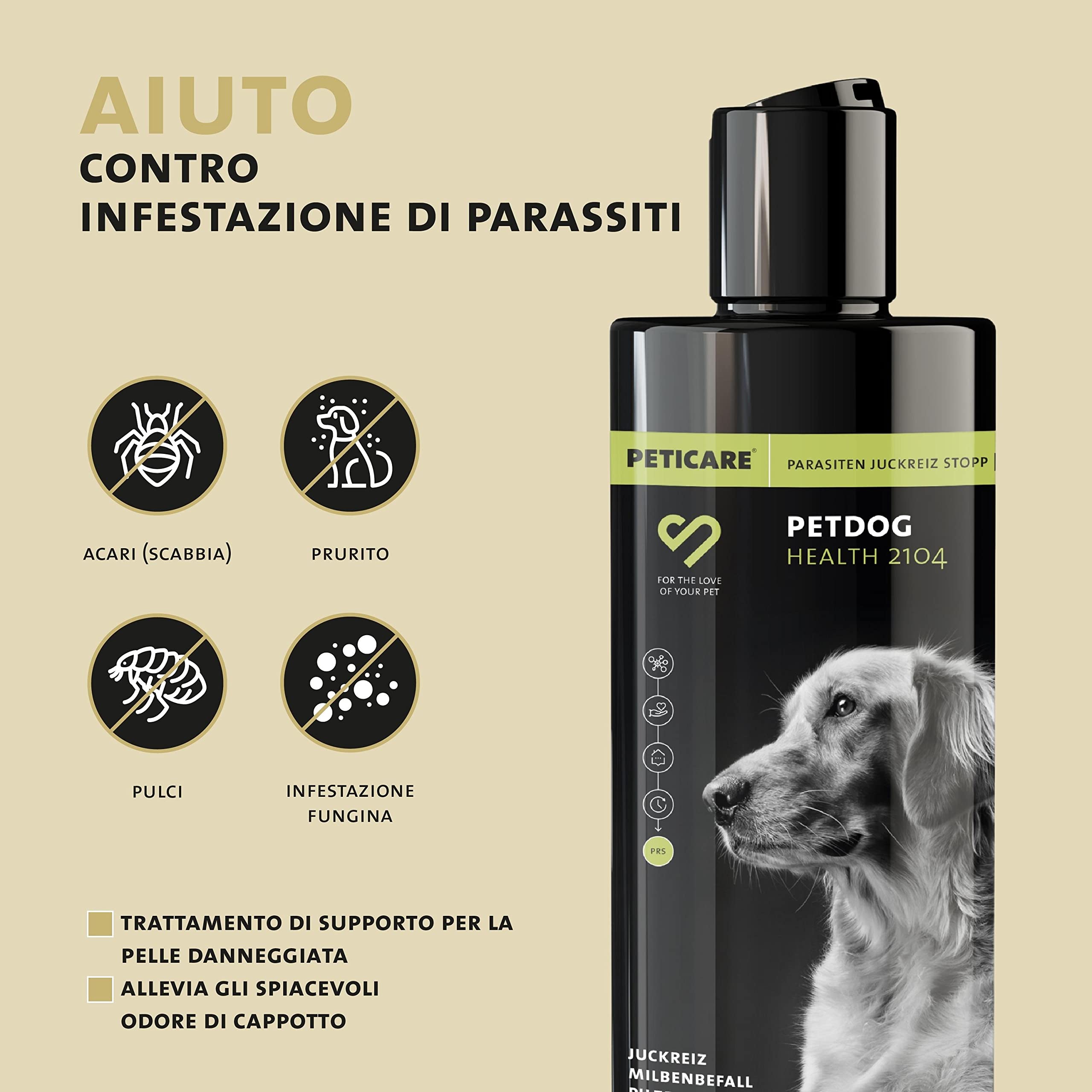 Peticare Shampoo Cani Prurito e Acari – Scudo Cura Immediata per Parassiti – Senza Insetticidi – con Olio di Cocco e Eucalipto – Shampoo Lenitivo