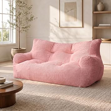 59" Corduroy Bean Bag Chair,2 Seat Loveseat Sofa,Corduroy Lazy Sofa Bed for Adults,Fit Living Room, Bedroom,Ultra Soft Dutch Velvet,72h Rebound,Pink
