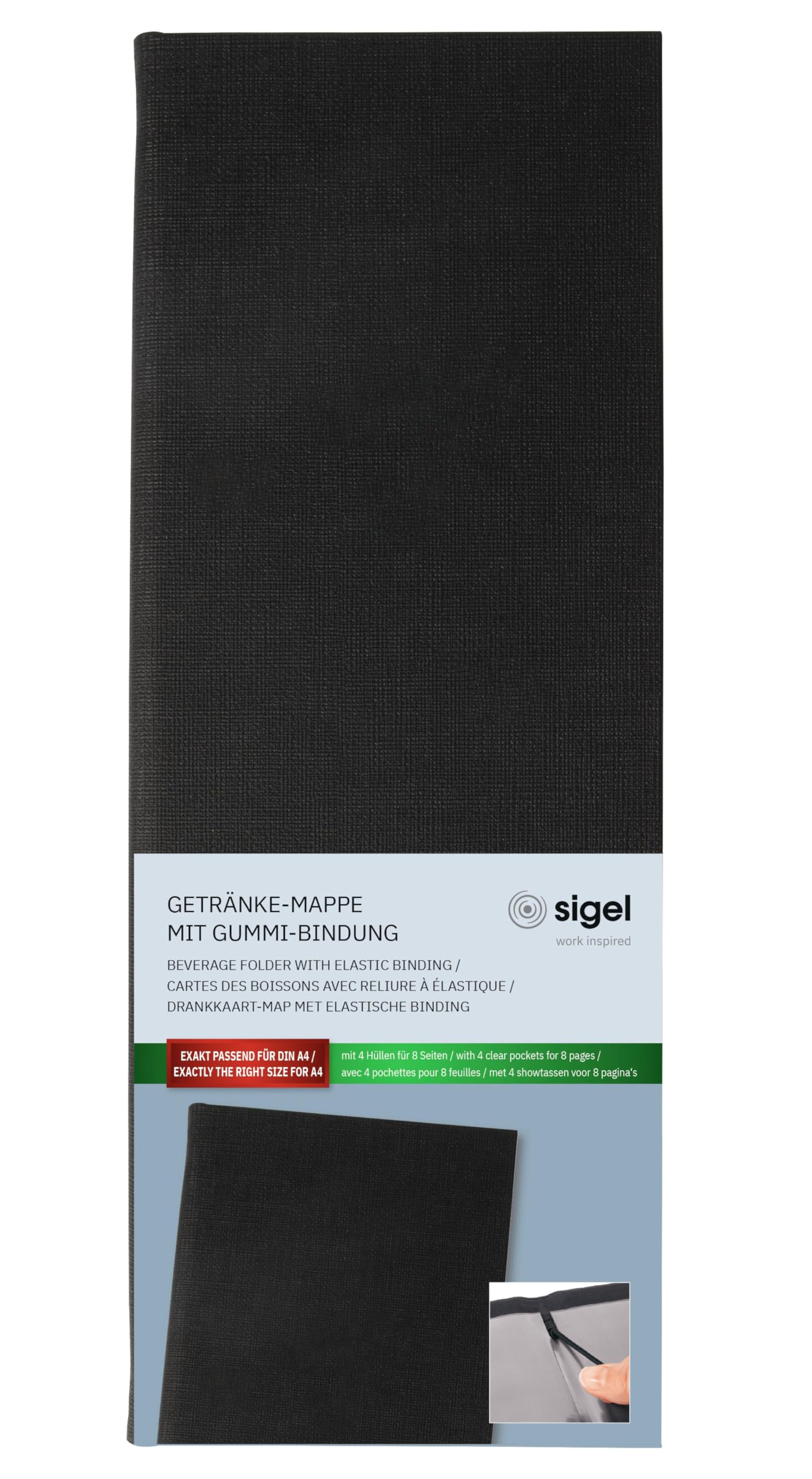 SIGEL GM100 Beverage Folder - 1 piece - incl. 2 Double Clear Pockets for 8 Pages - Rubber Binding - 1/2 A4 - Black