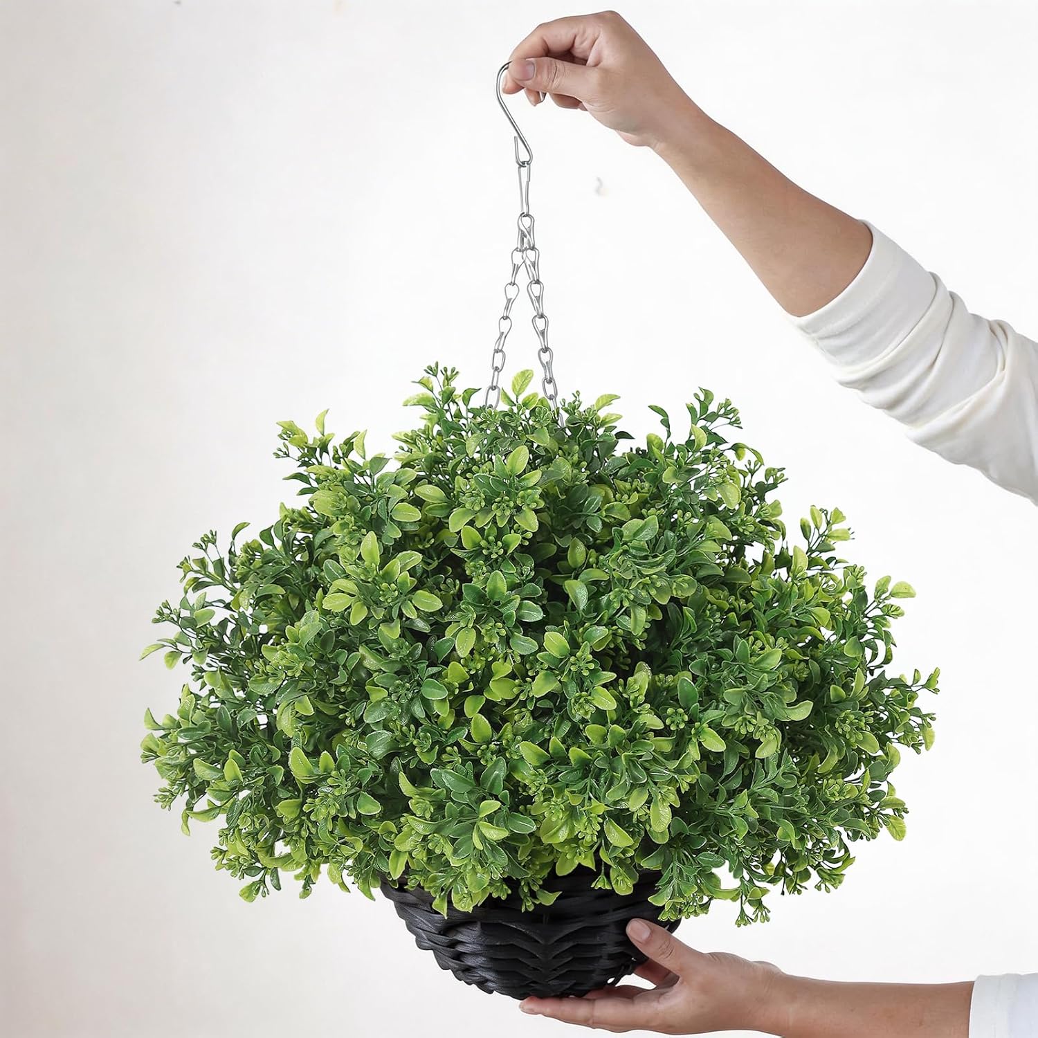 2PCS Artificial Boxwood Plants with Hanging Basket - Fake Aglaia Odorata Hanging Planters Faux Greenery UV Resistant Eucalyptus Leaves for Front Porch Patio Garden Farmhouse Home Decor (Green)