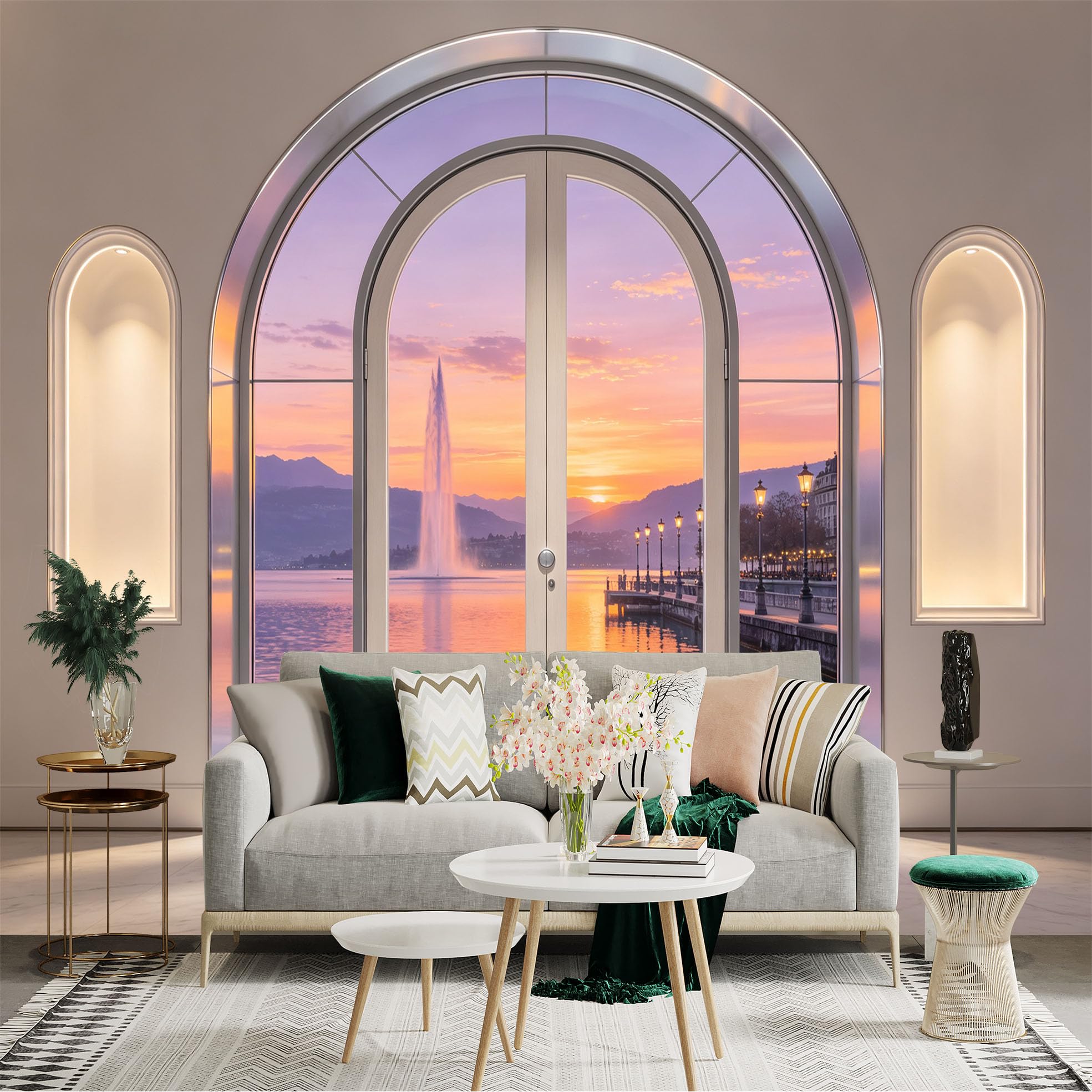 Custom Size Wall Sticker Mural， Arched Window Sunset Lake View， Fountain and Mountain Scenery， for wall Decoration， peelandstick wall Decals.