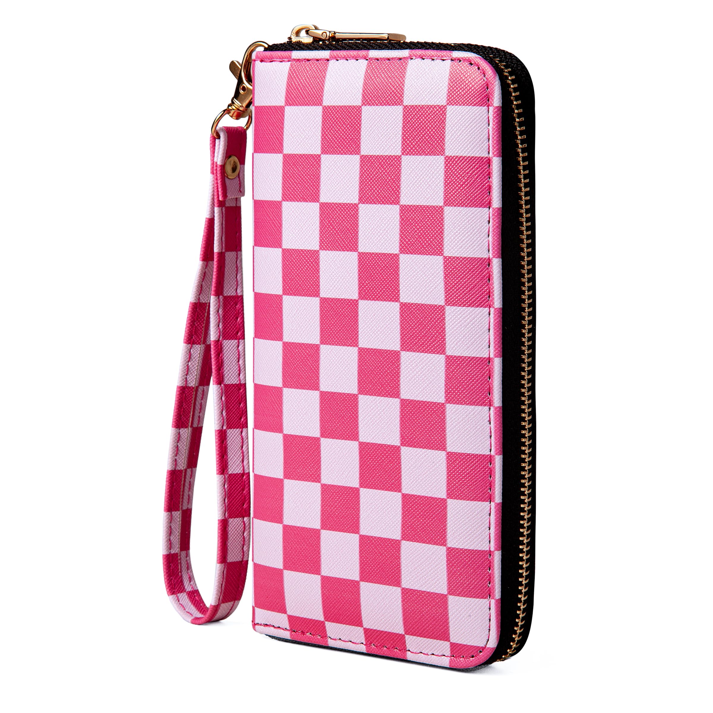 Pink Checkered Wallet for Women, Zip Around Wristlet Purse