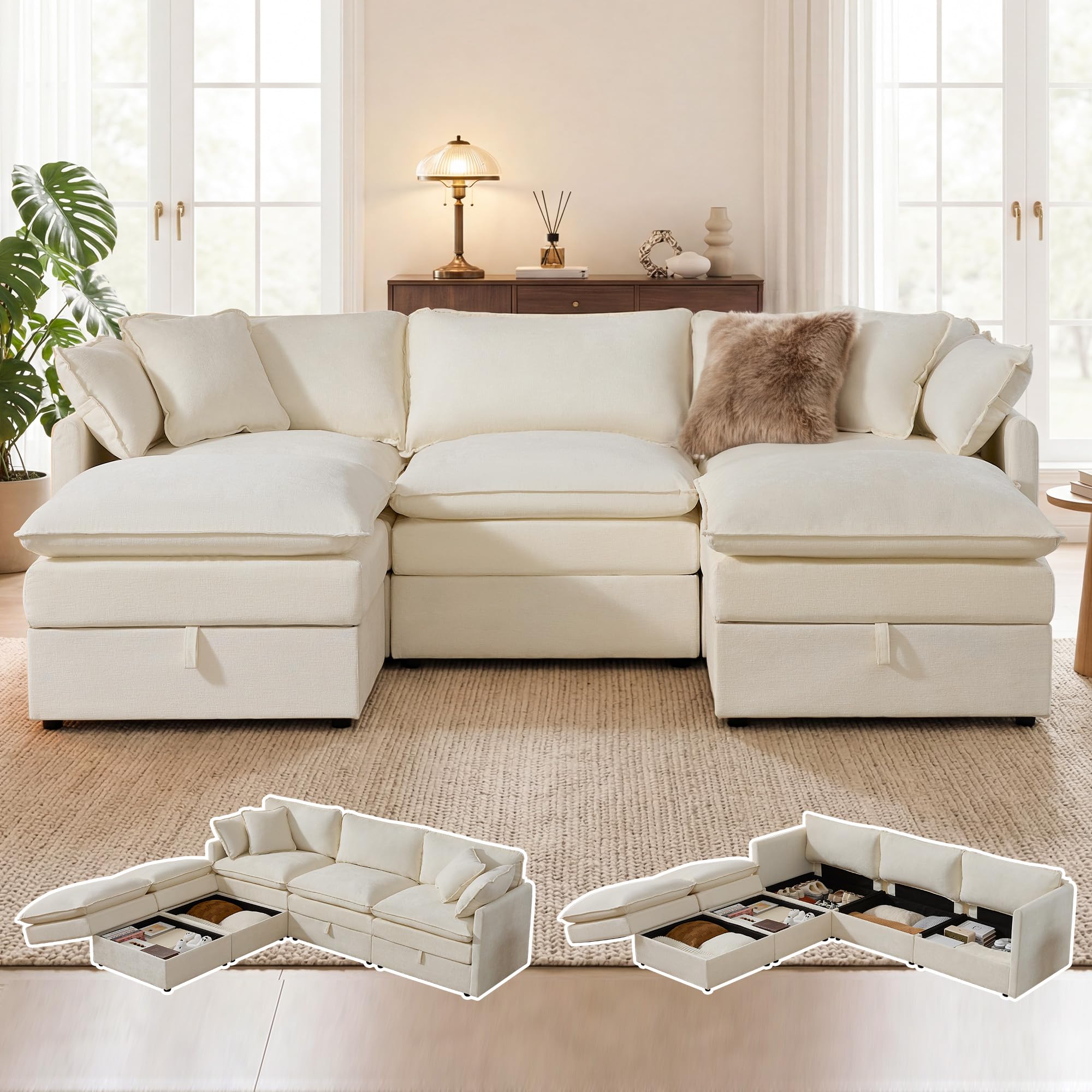 Modular Sofa with Storage 103 U-Shape Sectional Cloud Couch Oversized Deep Seat Comfy Fabric Couch for Living Room