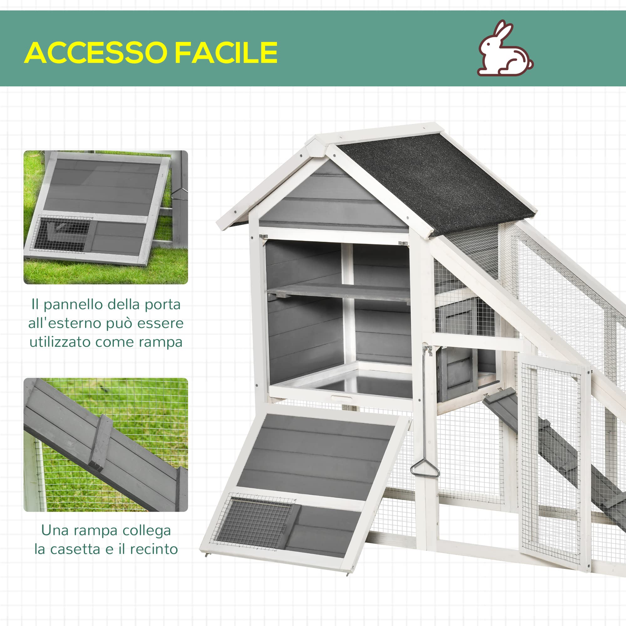 PawHut Conigliera in Legno con Area Aperta e Rampa, 140x65x120 cm, Grigia | Gabbia per Conigli, Fondo Estraibile, Porte