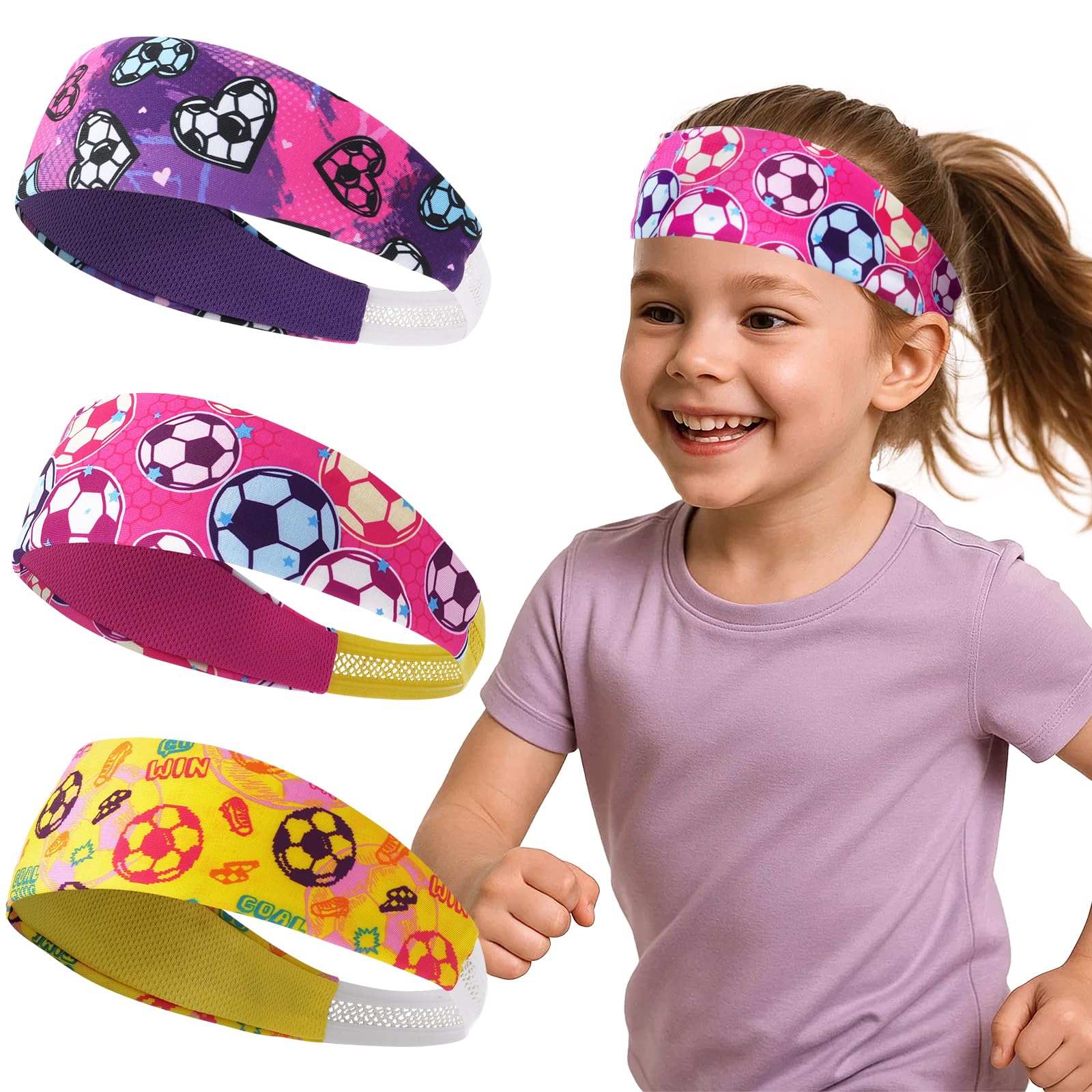 WAWSAM Diademas deportivas para niños, 3 unidades, transpirables, para fútbol, antideslizantes, elásticas